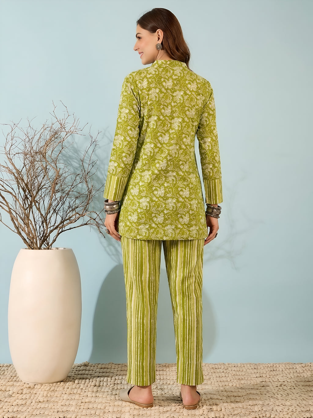 Green Floral Cotton Kurti with Striped Pants Co-ord Set for Women
