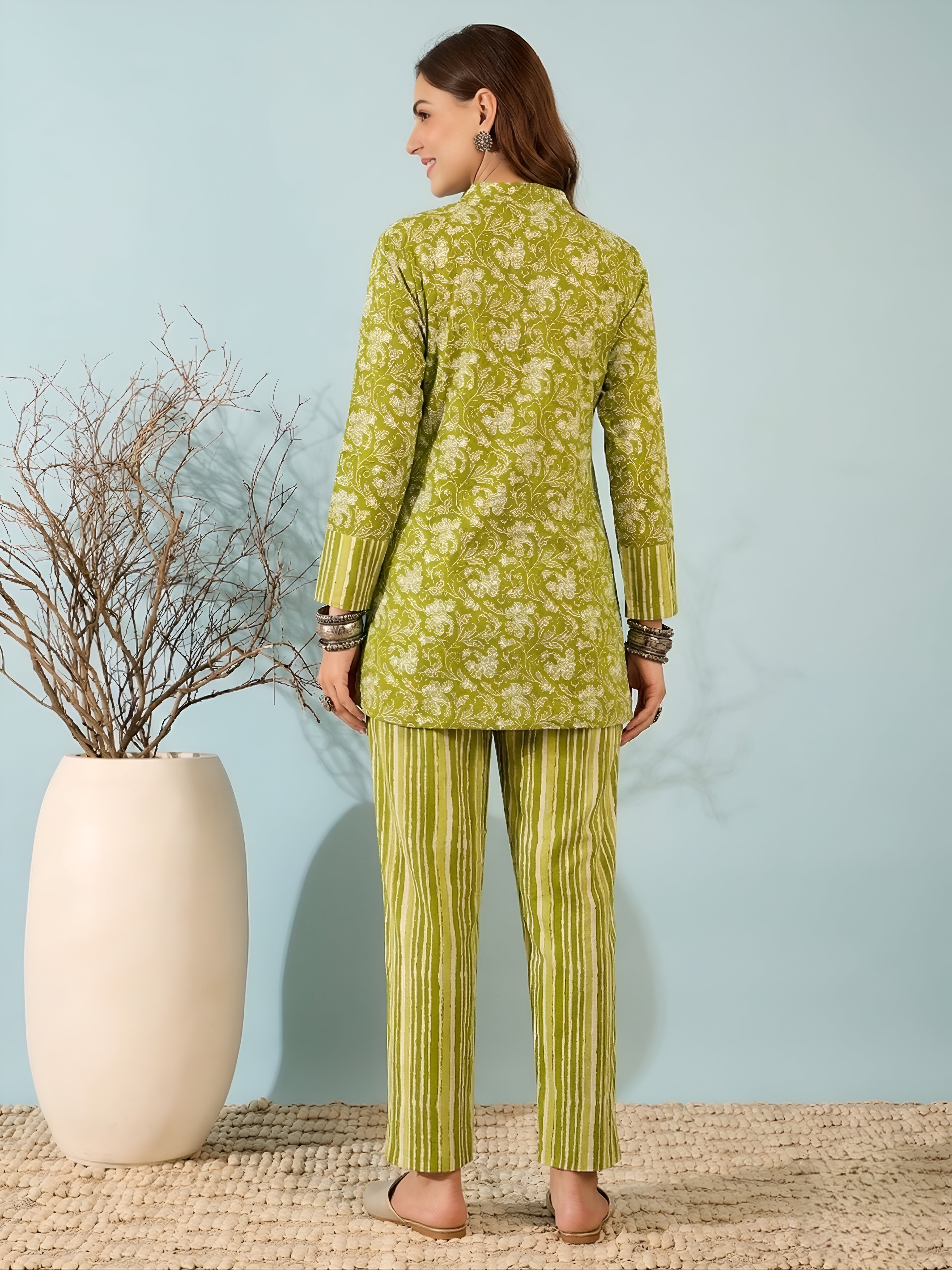 Green Floral Cotton Kurti with Striped Pants Co-ord Set for Women