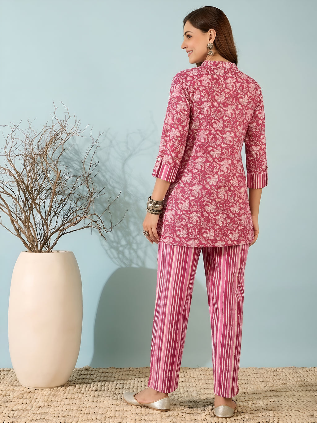 Pyaji Floral Cotton Kurti with Striped Pants Co-ord Set for Women