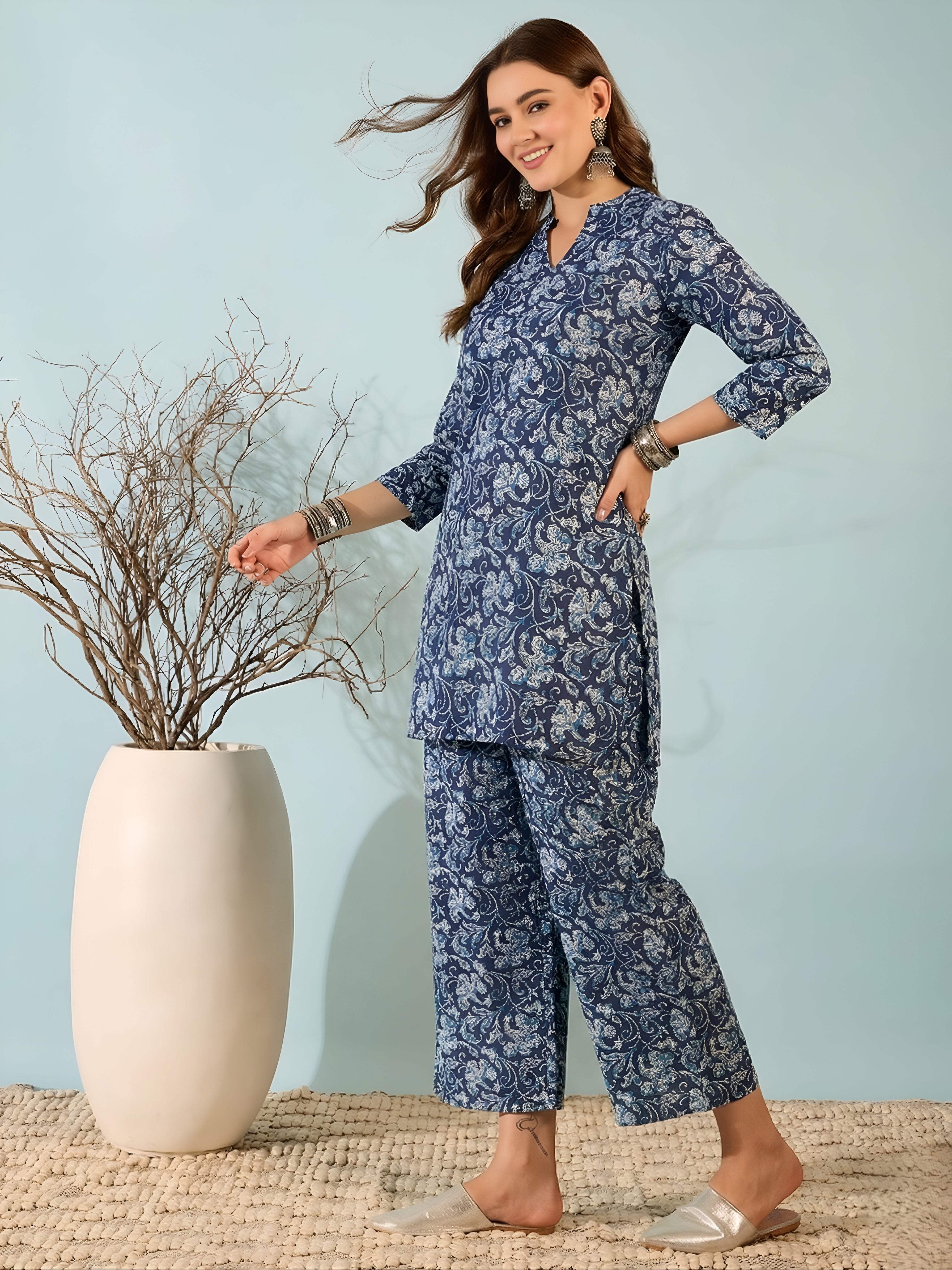 Navy Blue Floral Cotton Kurti with Striped Pants Co-ord Set for Women
