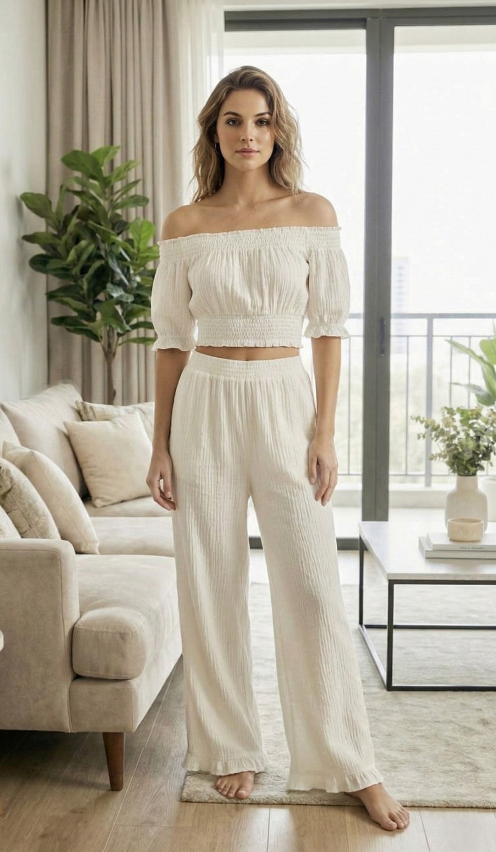 Ivory Off-Shoulder Smocked Top & Pant Co-Ord Set