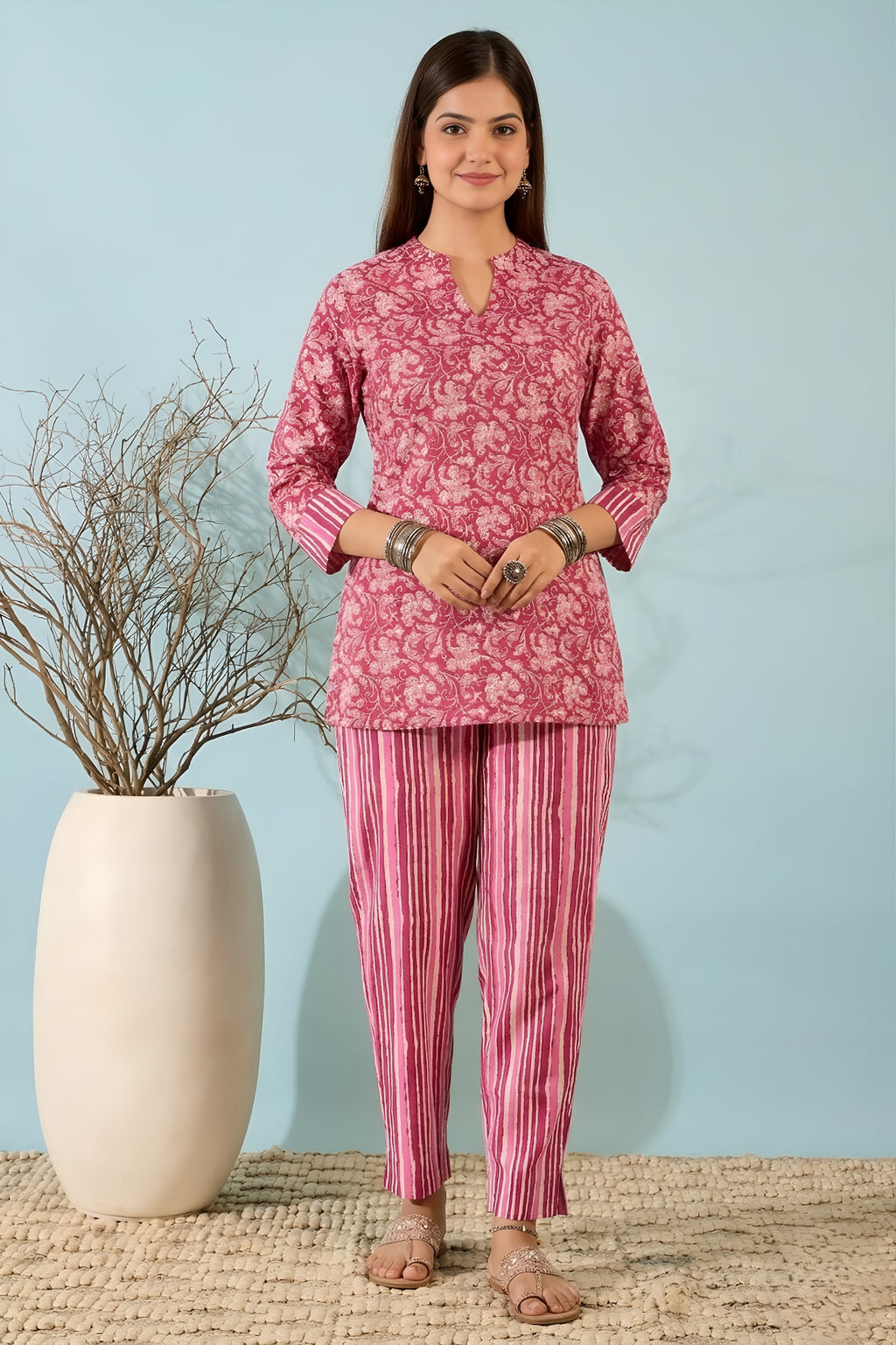 Pyaji Floral Cotton Kurti with Striped Pants Co-ord Set for Women
