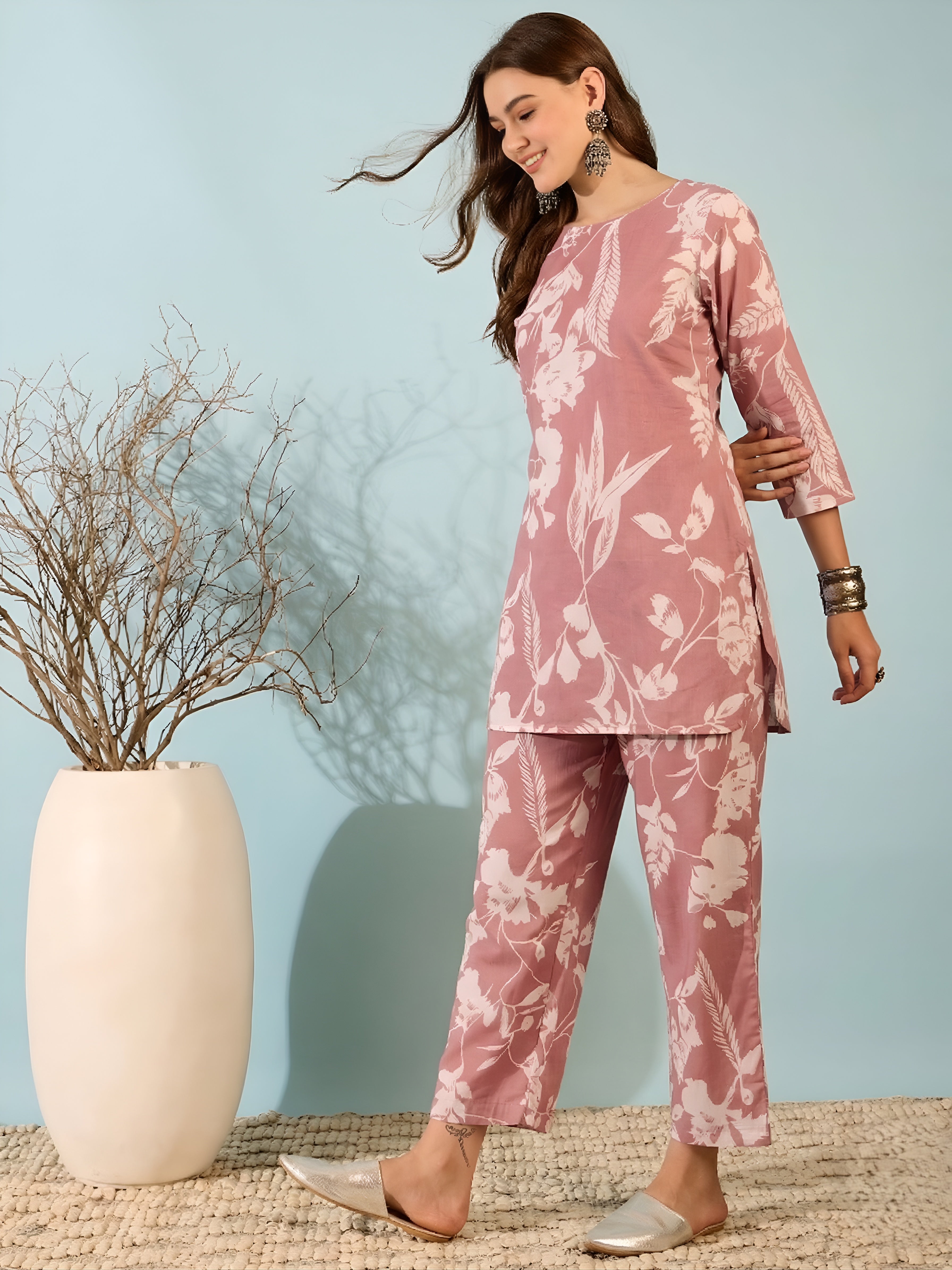 Dusty Pink Floral Kurti & Pant Co-Ord Set