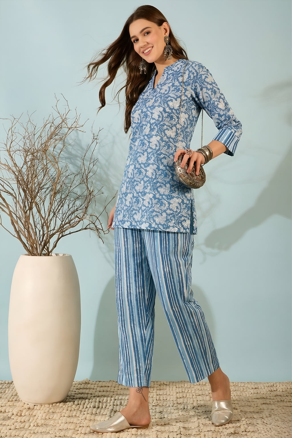 Blue Floral Cotton Kurti with Striped Pants Co-ord Set for Women