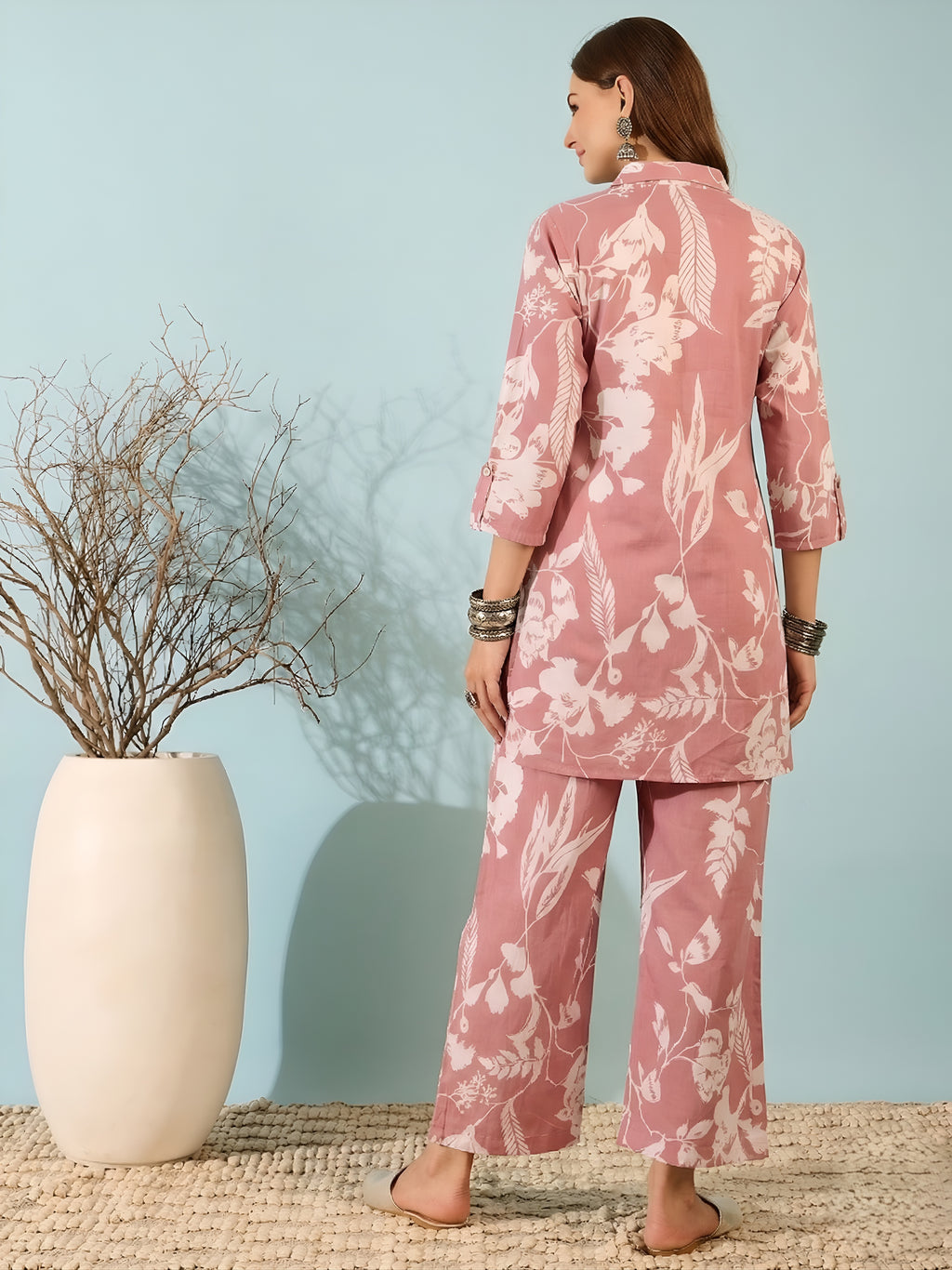 Dusty Pink Floral Kurti & Pant Co-Ord Set