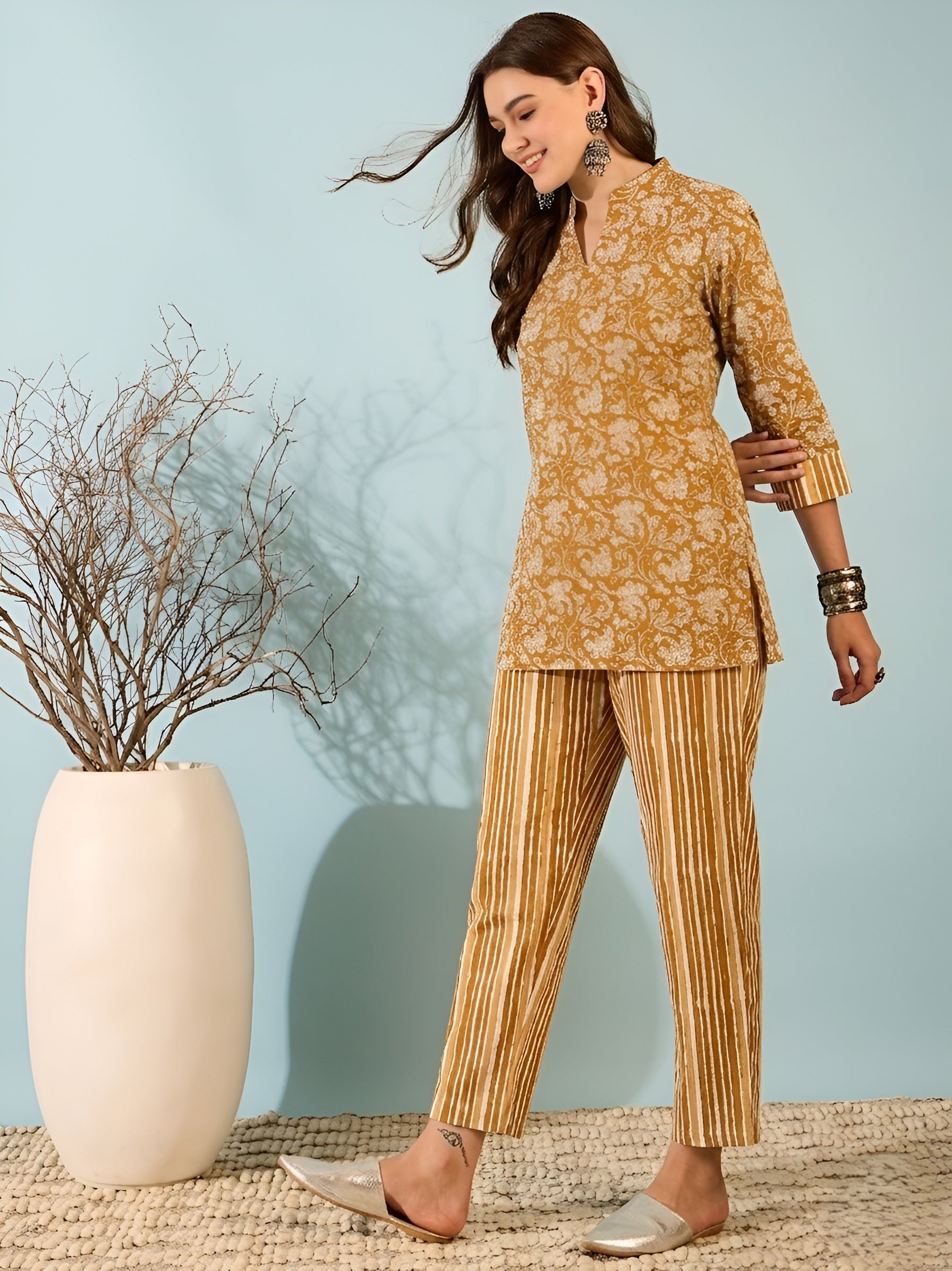 Yellow Floral Cotton Kurti with Striped Pants Co-ord Set for Women