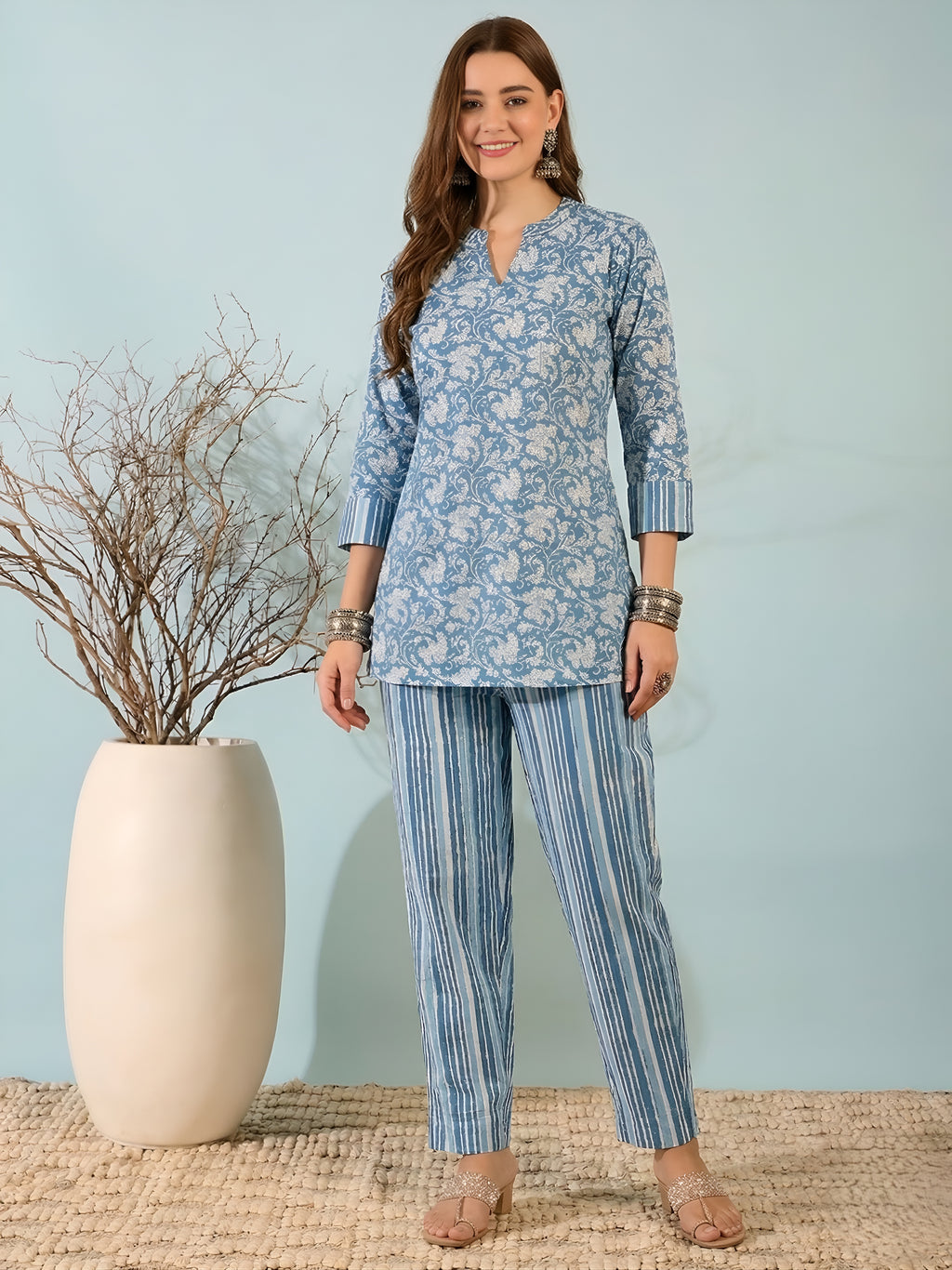 Blue Floral Cotton Kurti with Striped Pants Co-ord Set for Women