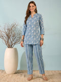 Blue Floral Cotton Kurti with Striped Pants Co-ord Set for Women