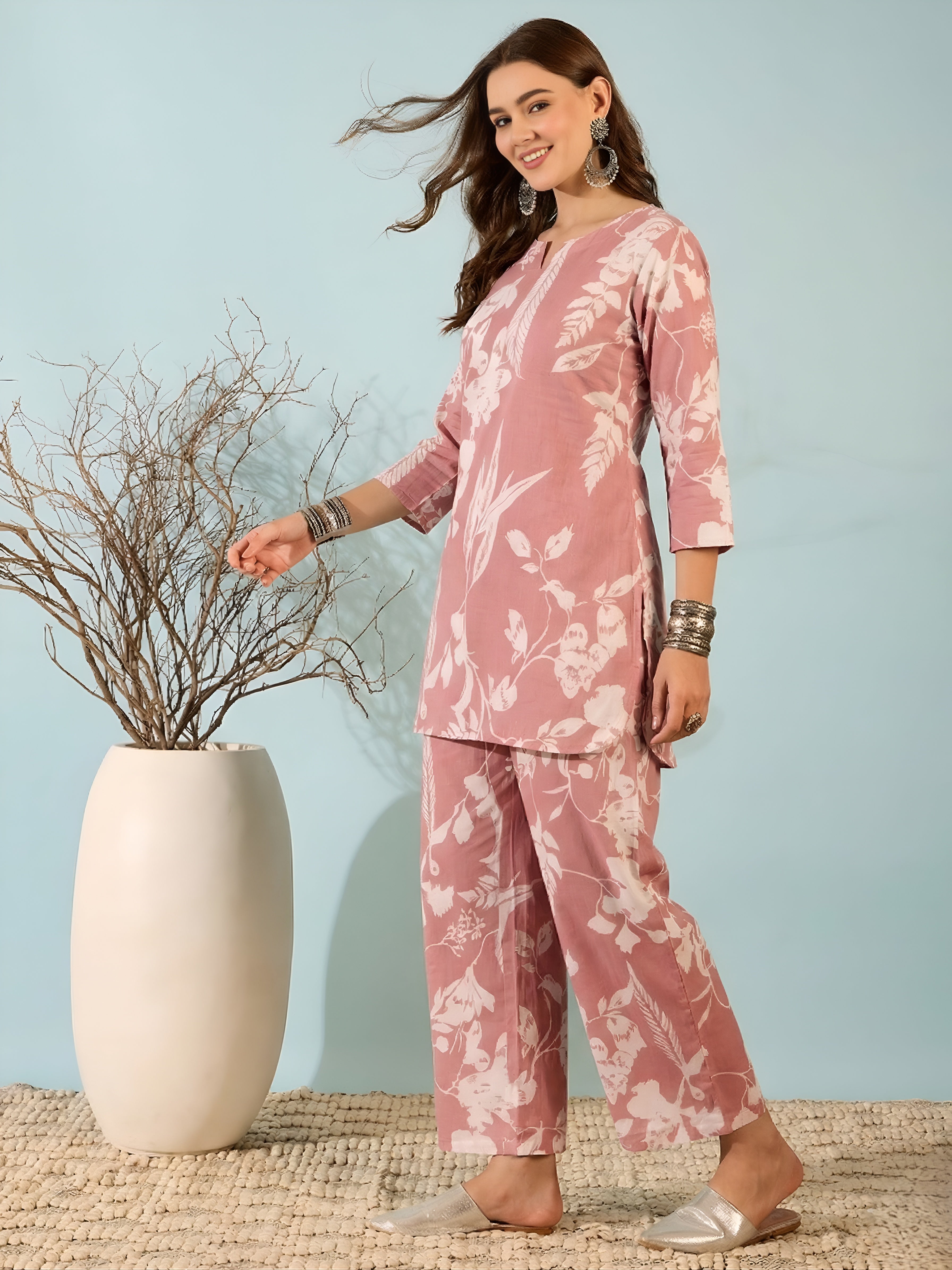 Dusty Pink Floral Kurti & Pant Co-Ord Set