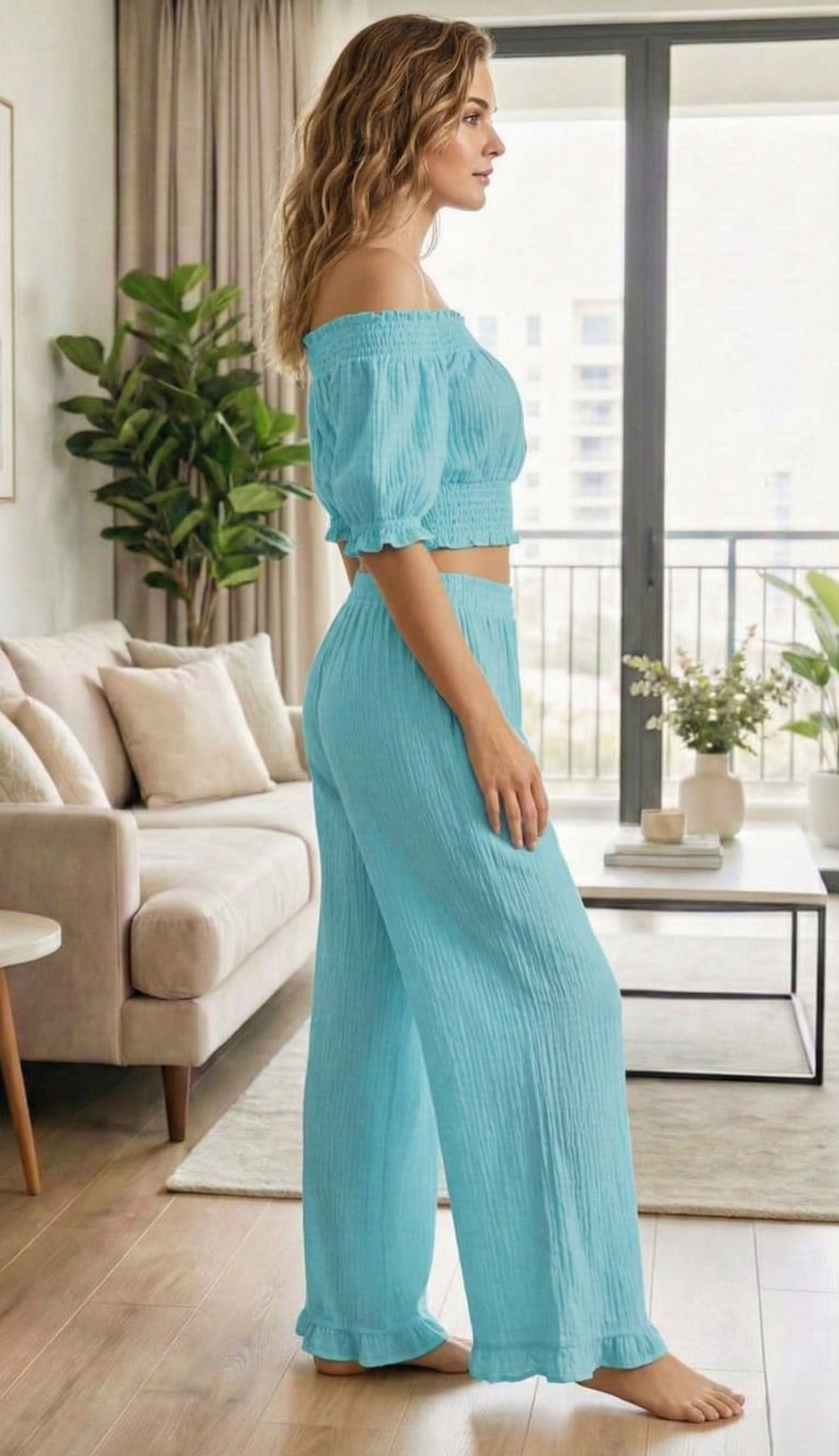 Sky Blue Off-Shoulder Top & Wide-Leg Pant Co-Ord Set
