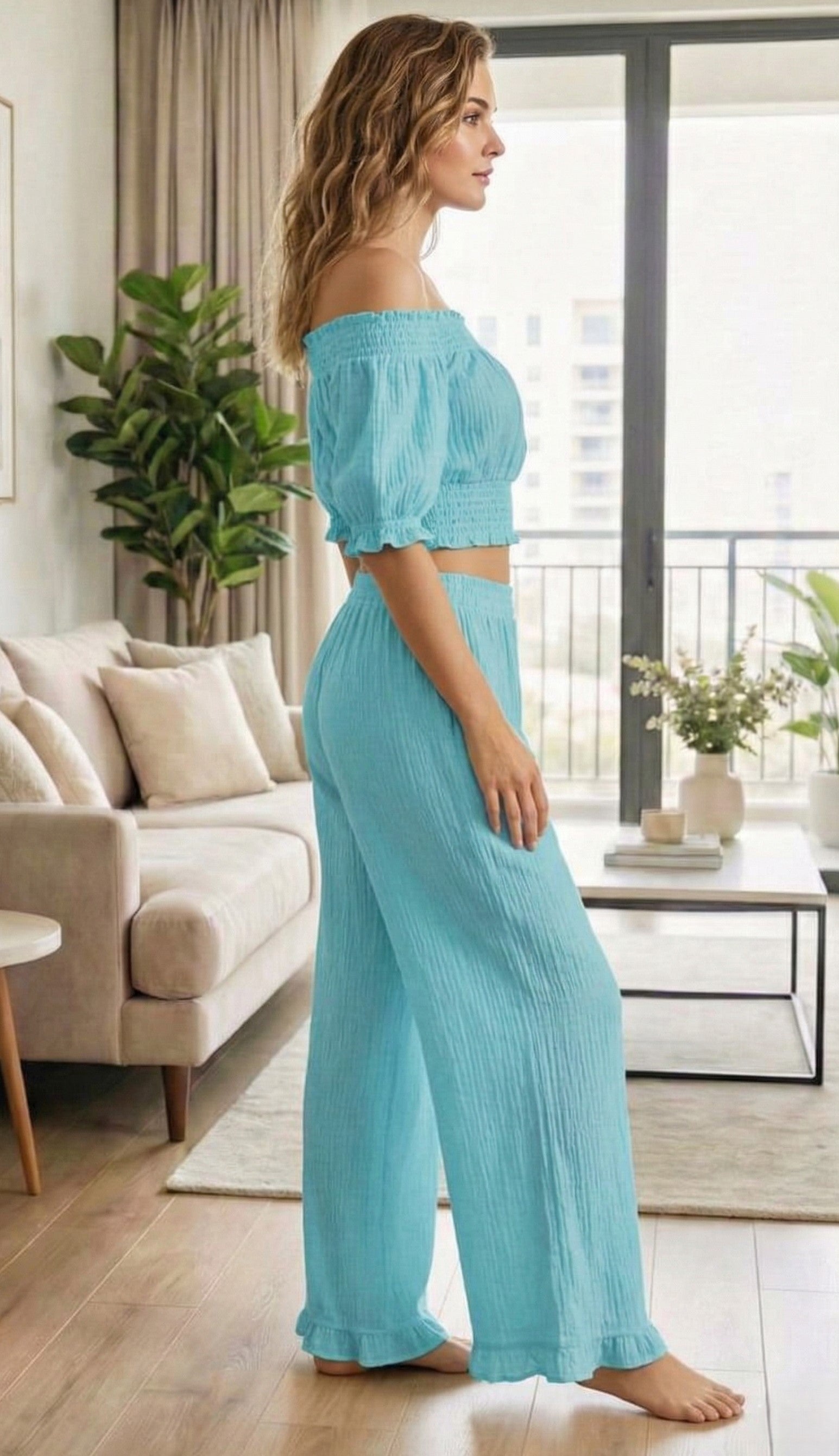 Sky Blue Off-Shoulder Top & Wide-Leg Pant Co-Ord Set