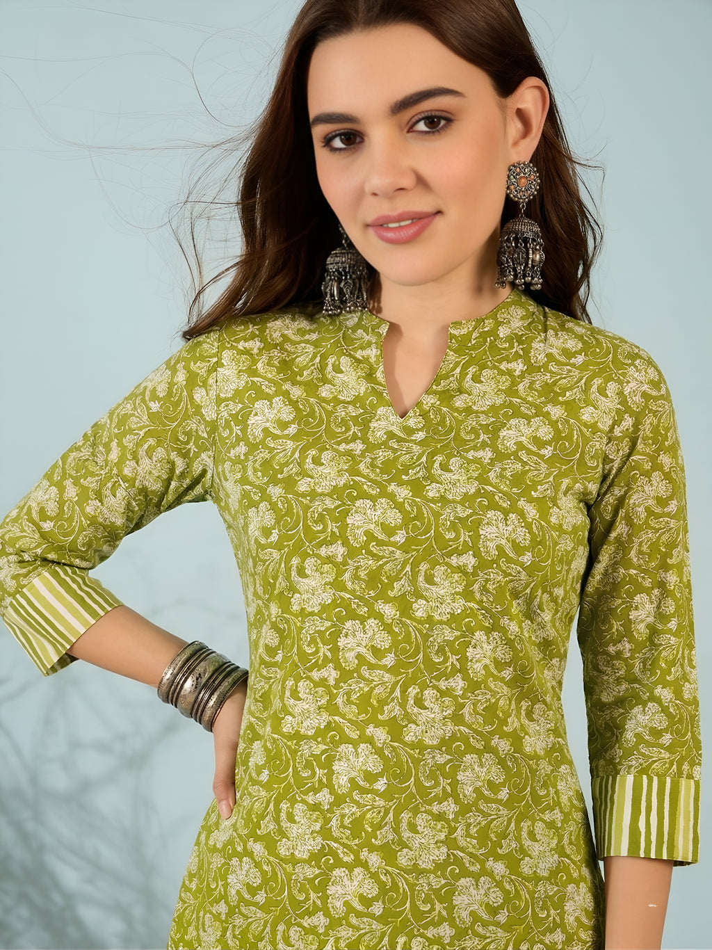 Green Floral Cotton Kurti with Striped Pants Co-ord Set for Women