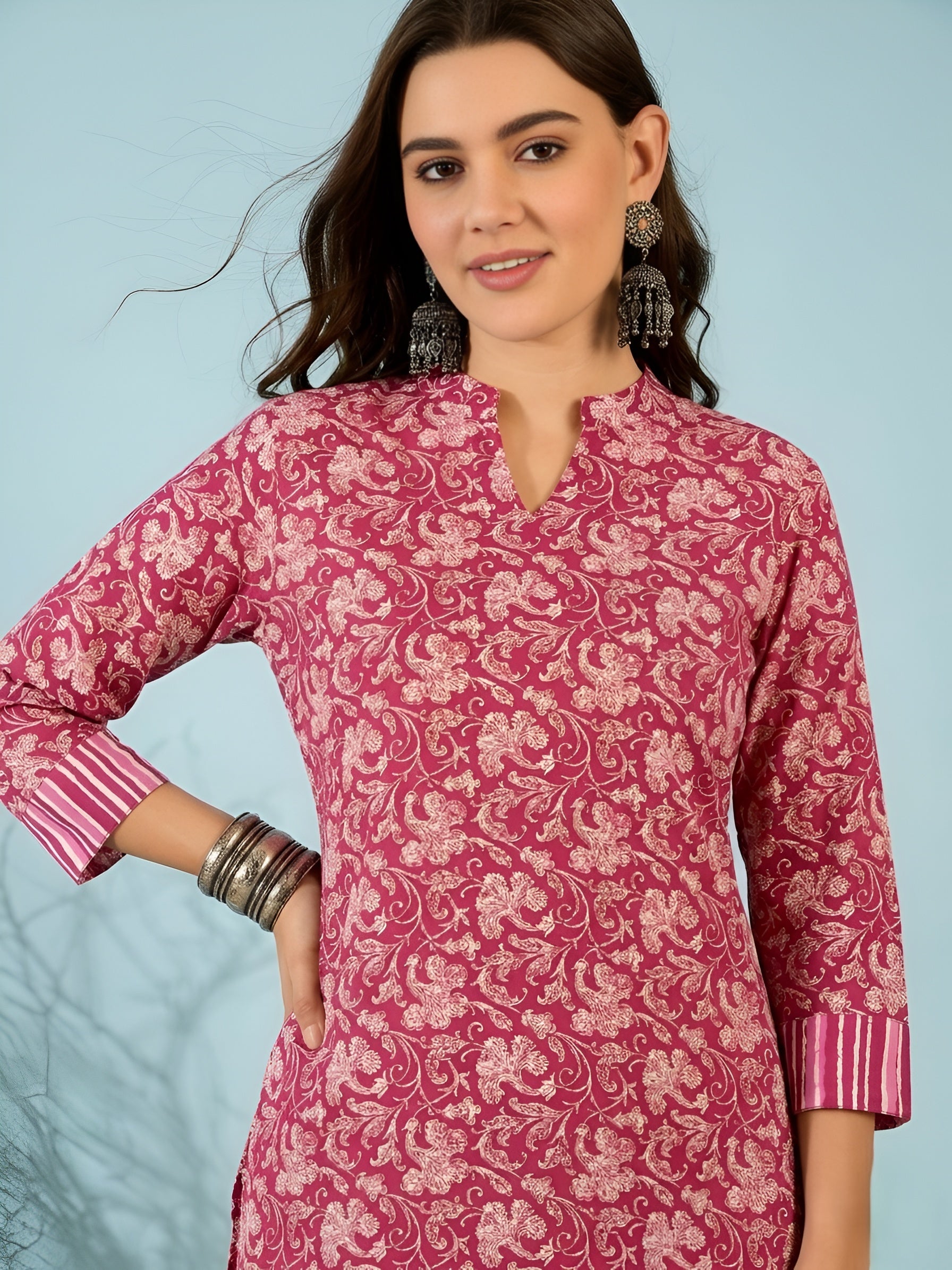 Pyaji Floral Cotton Kurti with Striped Pants Co-ord Set for Women