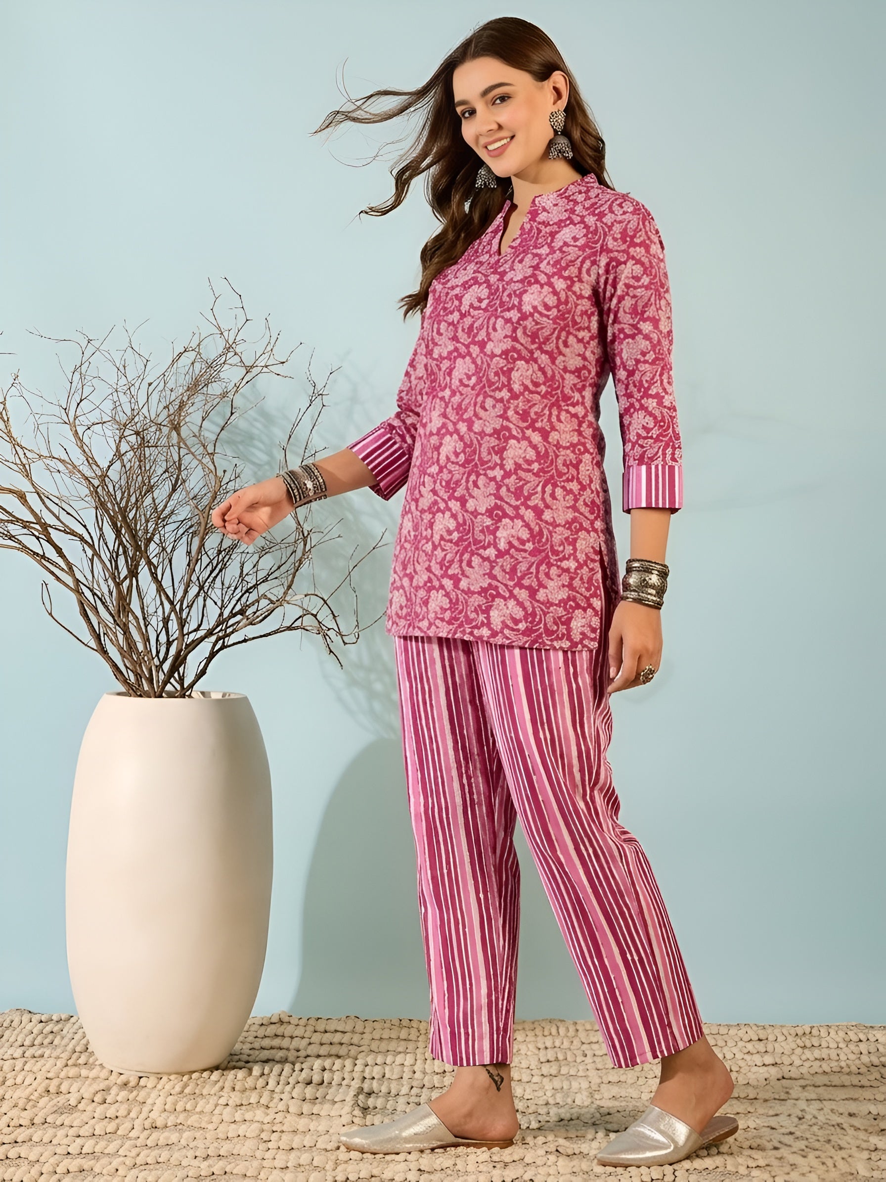 Pyaji Floral Cotton Kurti with Striped Pants Co-ord Set for Women