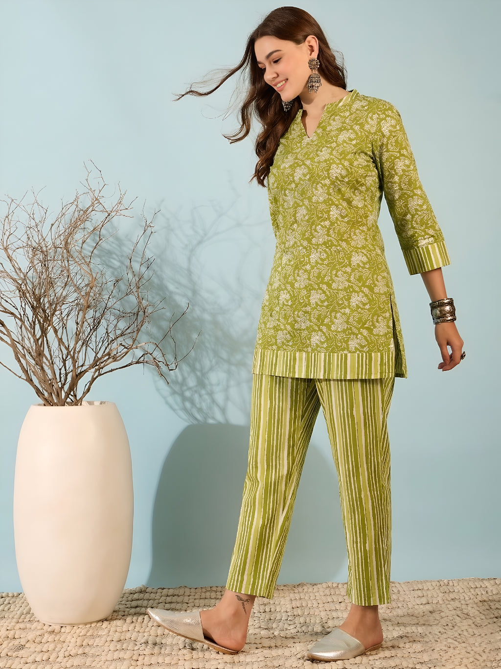 Green Floral Cotton Kurti with Striped Pants Co-ord Set for Women