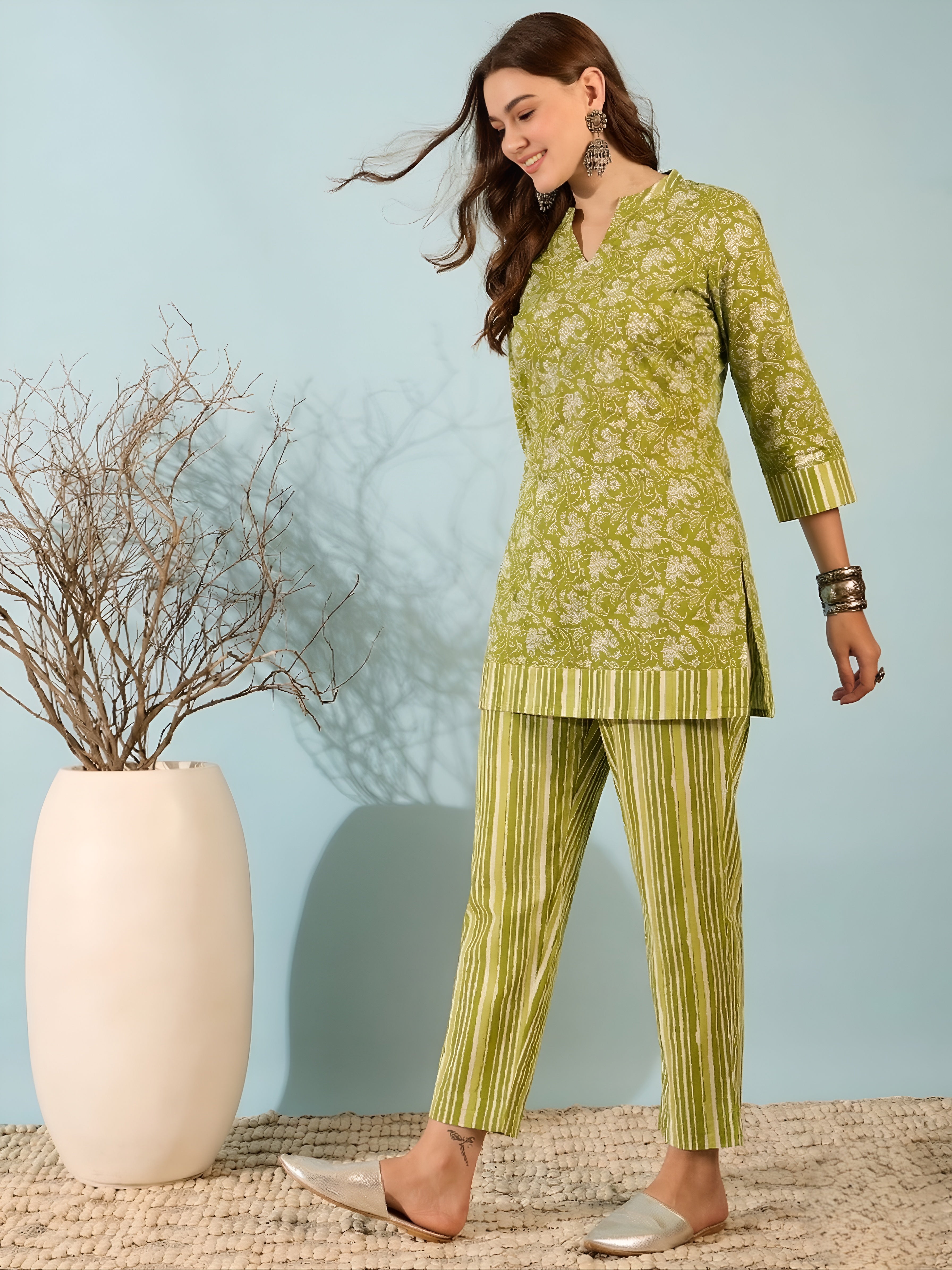 Green Floral Cotton Kurti with Striped Pants Co-ord Set for Women