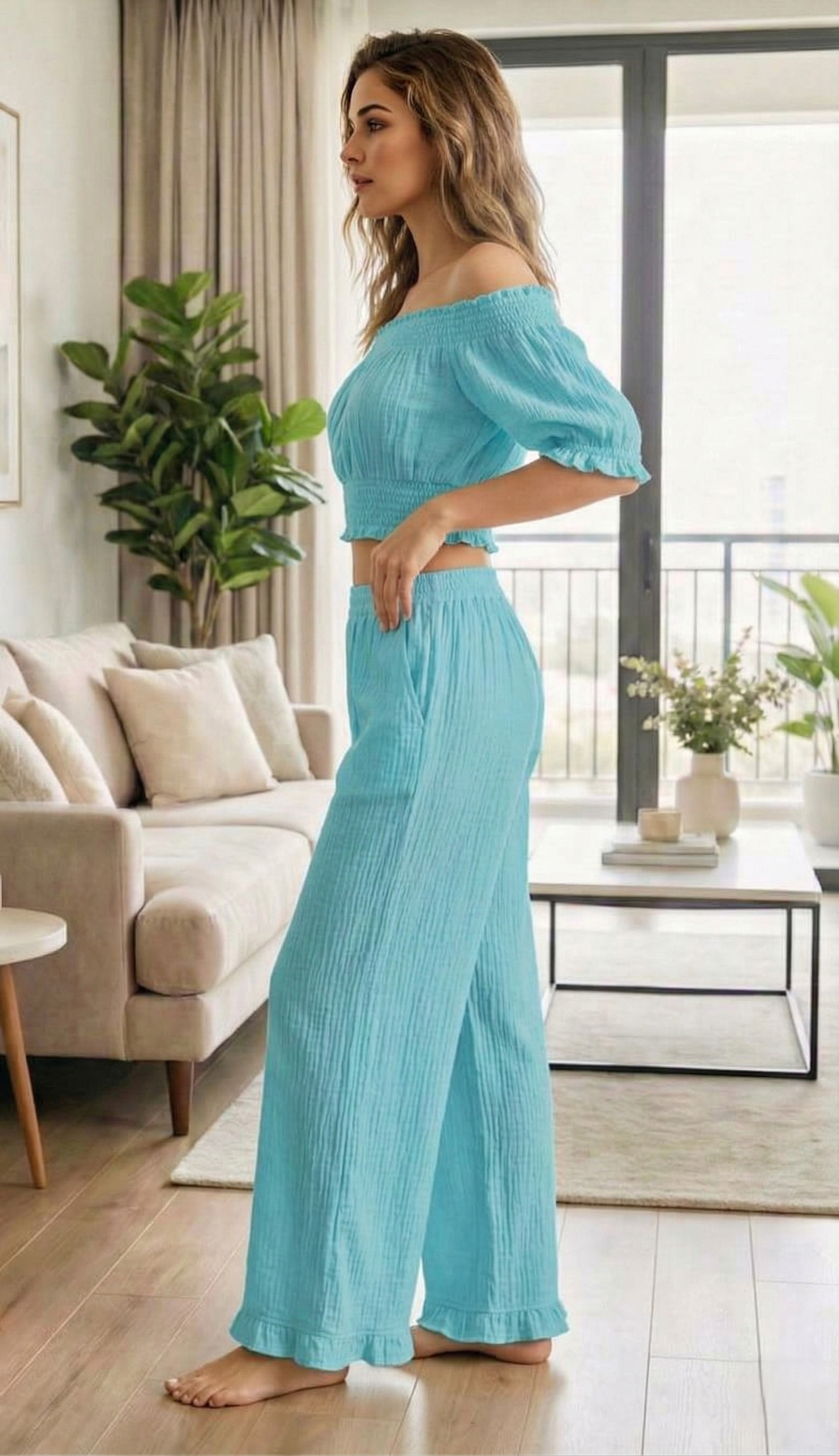 Sky Blue Off-Shoulder Top & Wide-Leg Pant Co-Ord Set