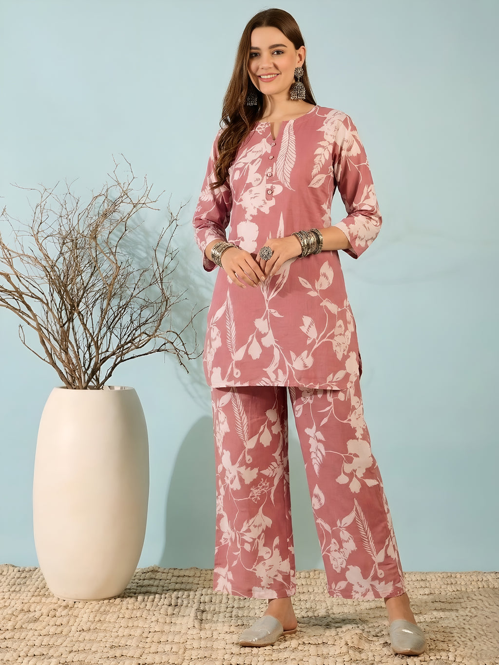 Dusty Pink Floral Kurti & Pant Co-Ord Set