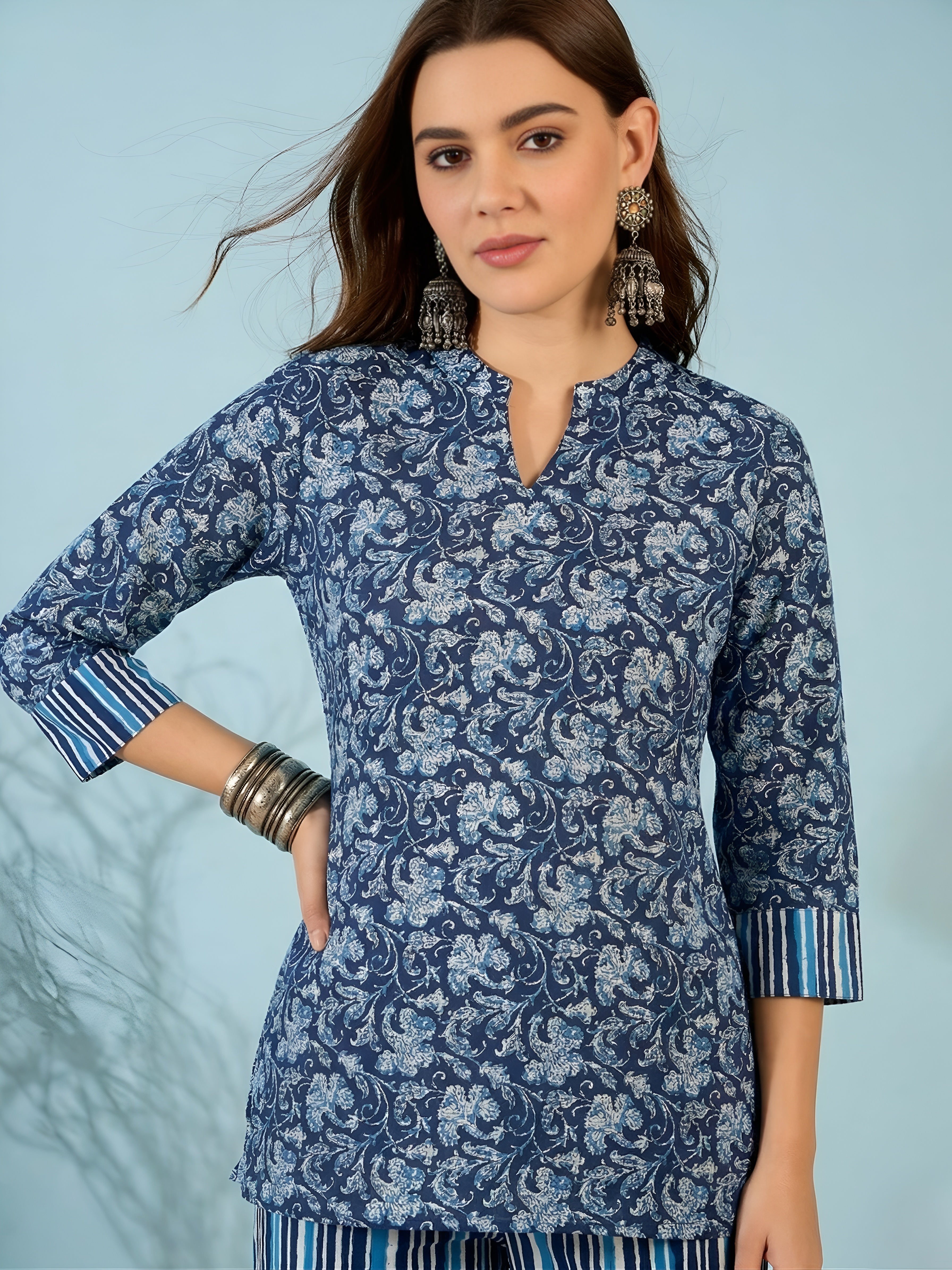 Navy Blue Floral Cotton Kurti with Striped Pants Co-ord Set for Women