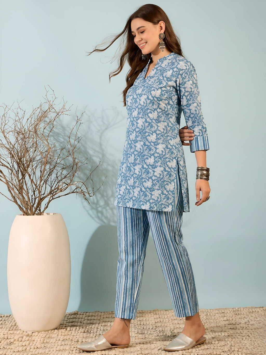 Blue Floral Cotton Kurti with Striped Pants Co-ord Set for Women
