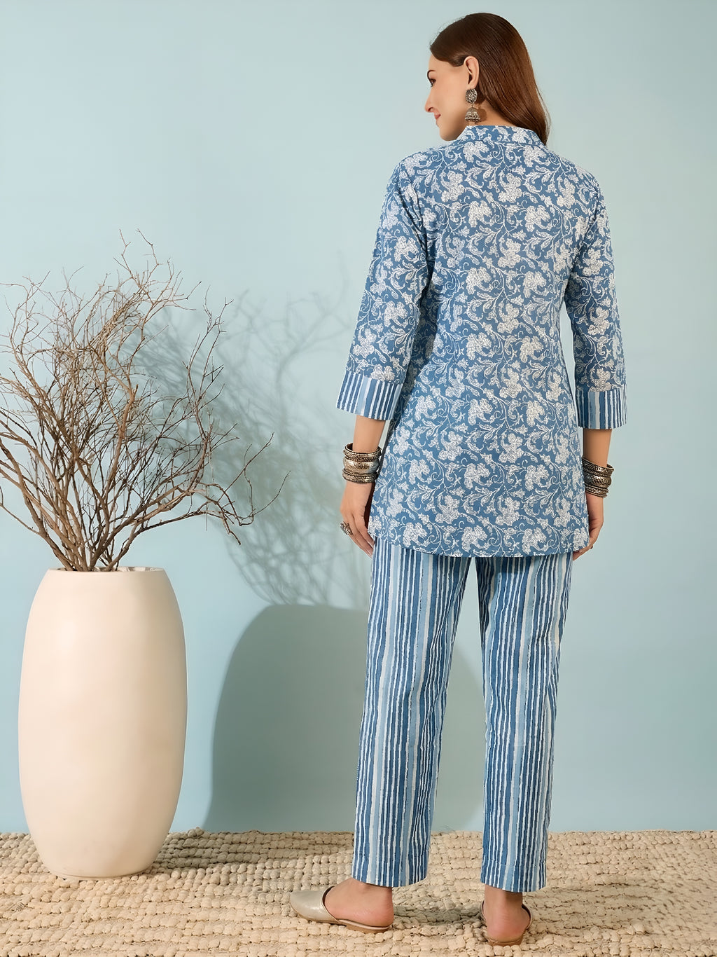 Blue Floral Cotton Kurti with Striped Pants Co-ord Set for Women