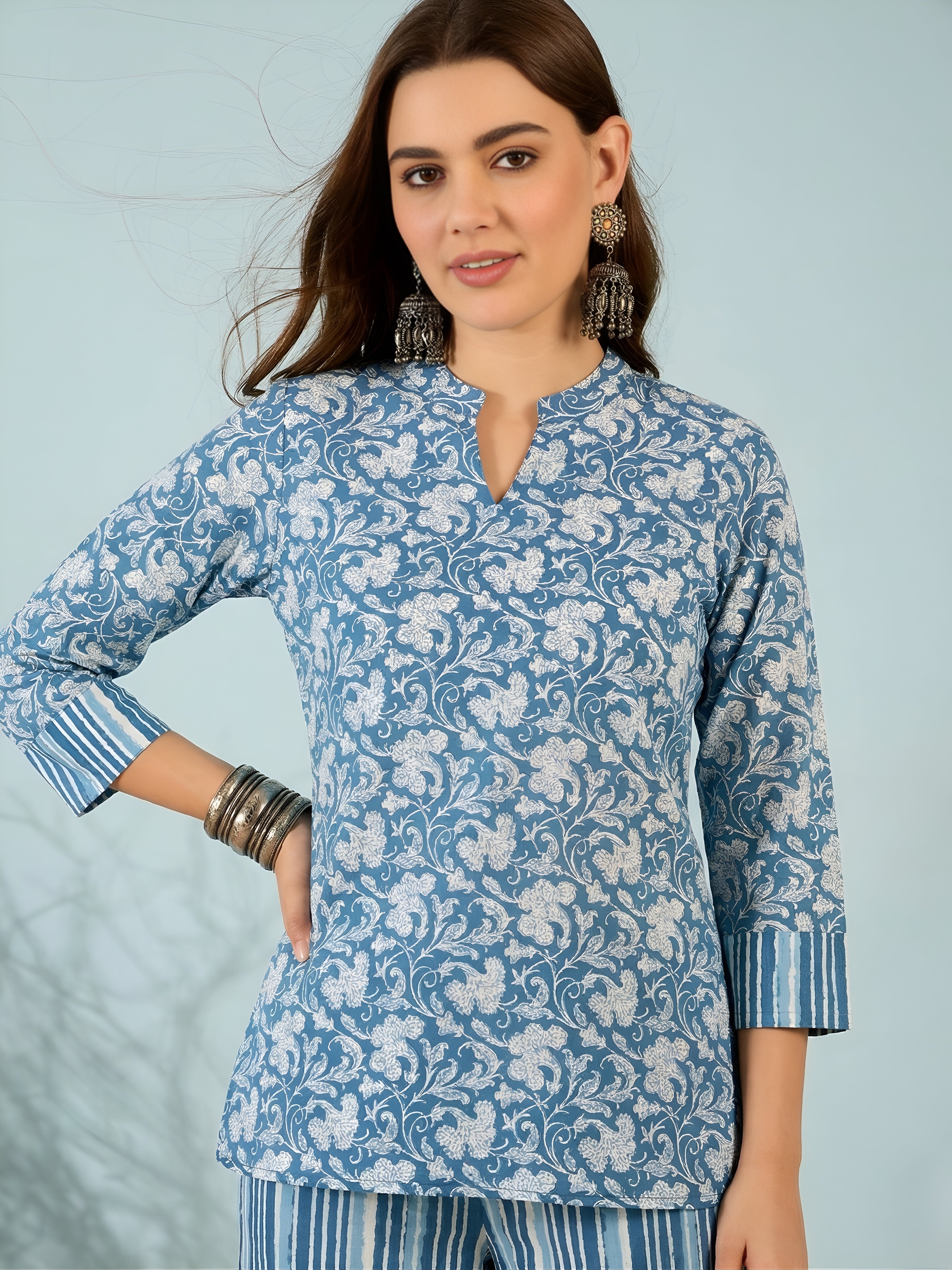 Blue Floral Cotton Kurti with Striped Pants Co-ord Set for Women