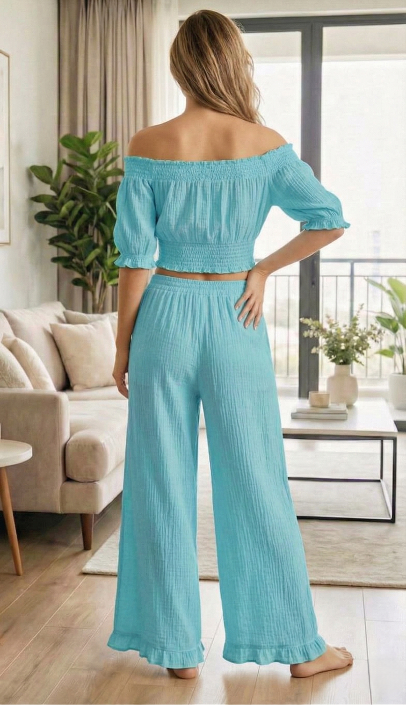 Sky Blue Off-Shoulder Top & Wide-Leg Pant Co-Ord Set