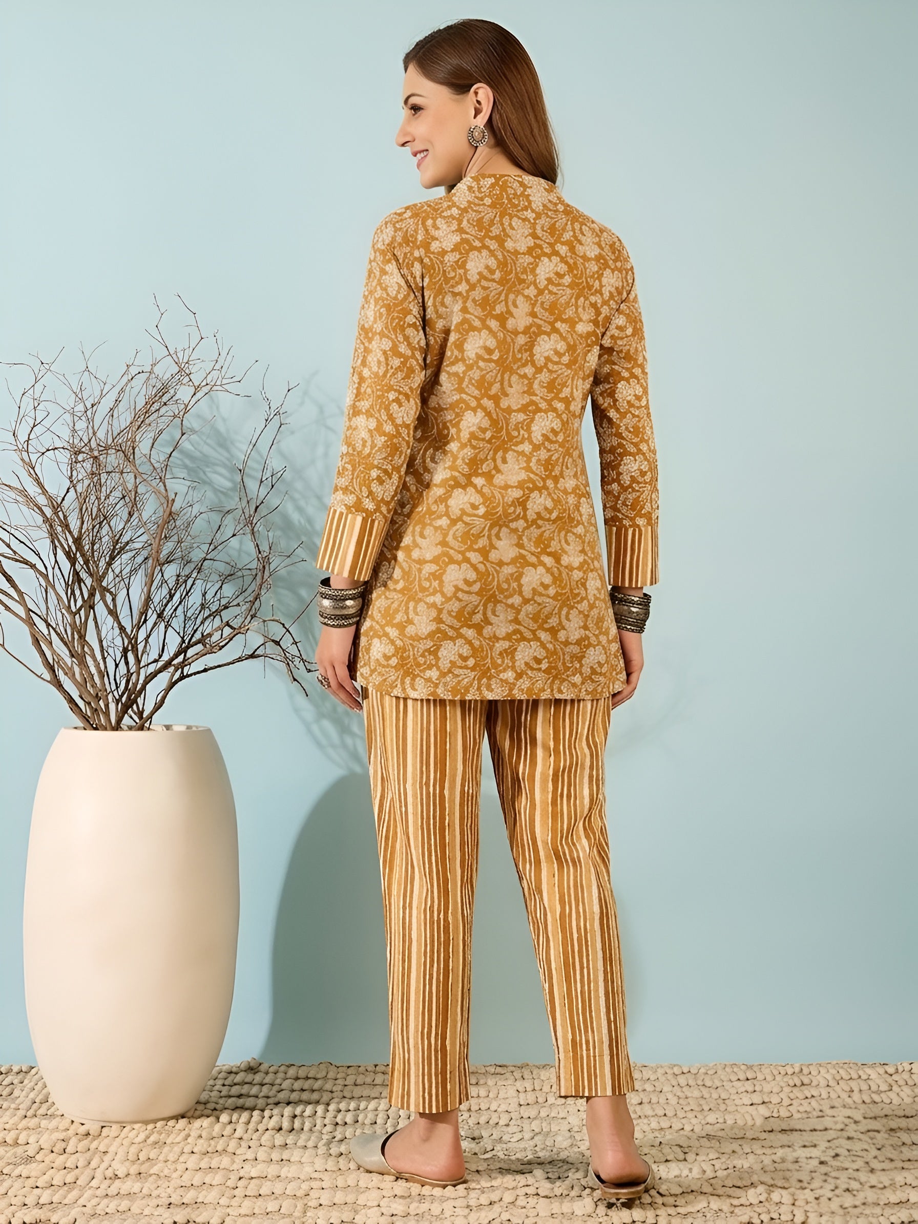 Yellow Floral Cotton Kurti with Striped Pants Co-ord Set for Women