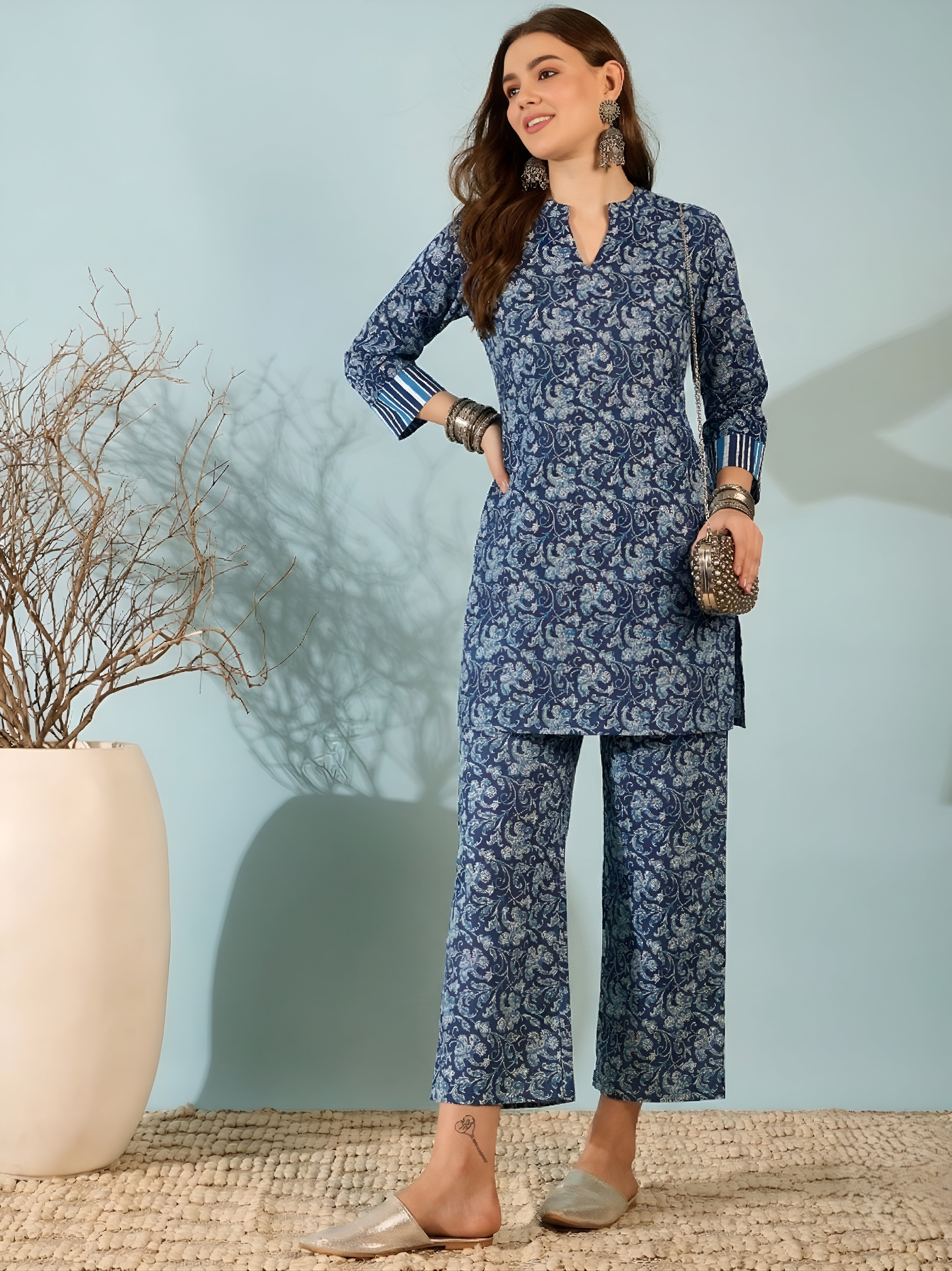 Navy Blue Floral Cotton Kurti with Striped Pants Co-ord Set for Women