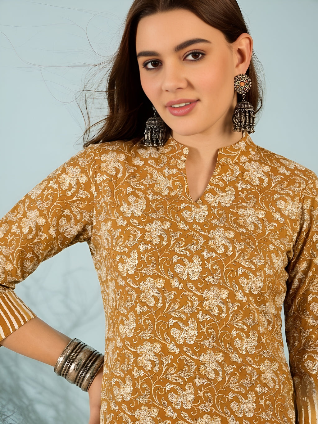 Yellow Floral Cotton Kurti with Striped Pants Co-ord Set for Women
