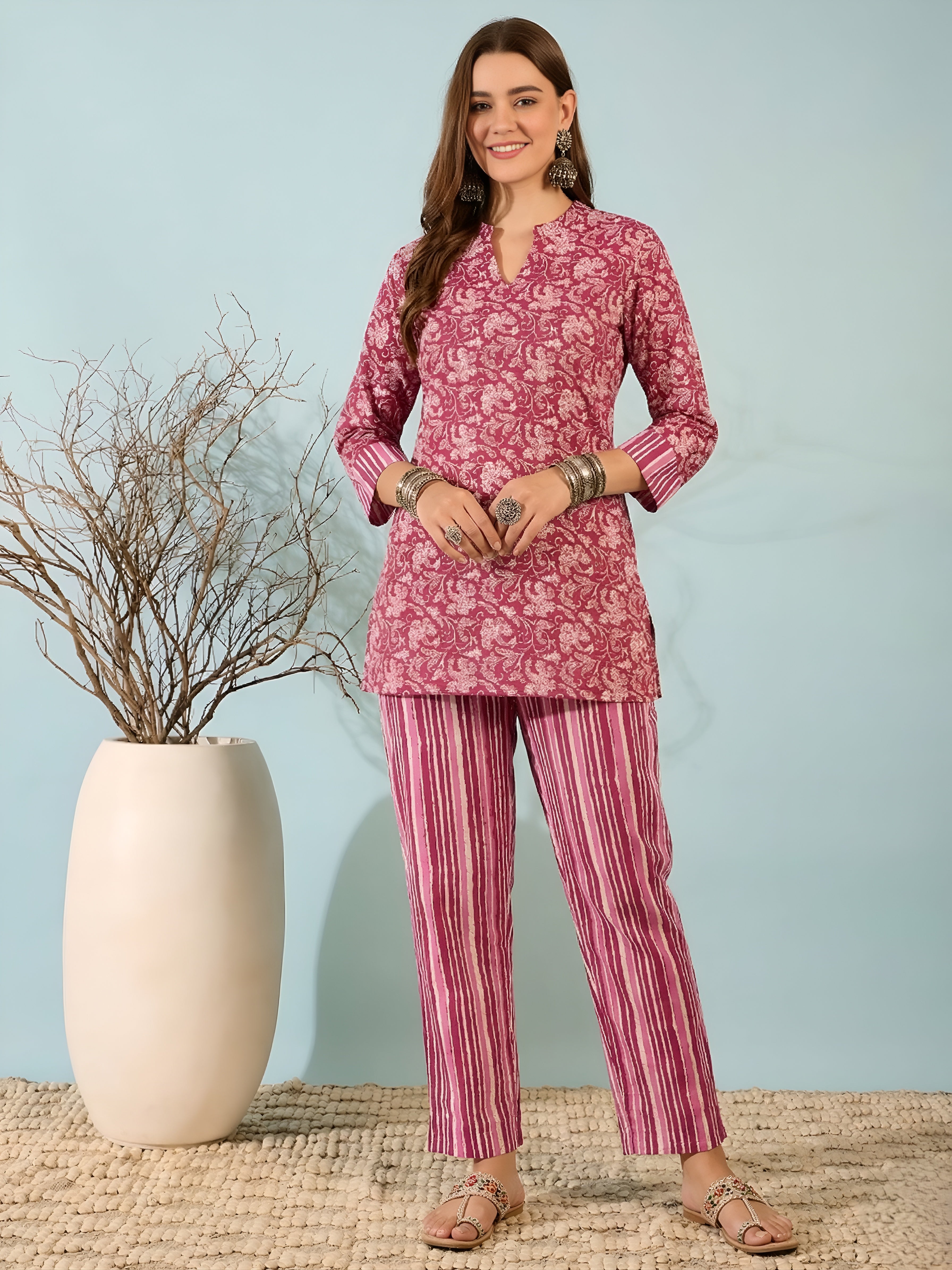 Pyaji Floral Cotton Kurti with Striped Pants Co-ord Set for Women