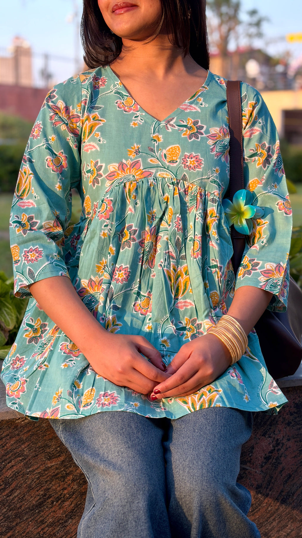 Teal Floral Cotton Peplum Top