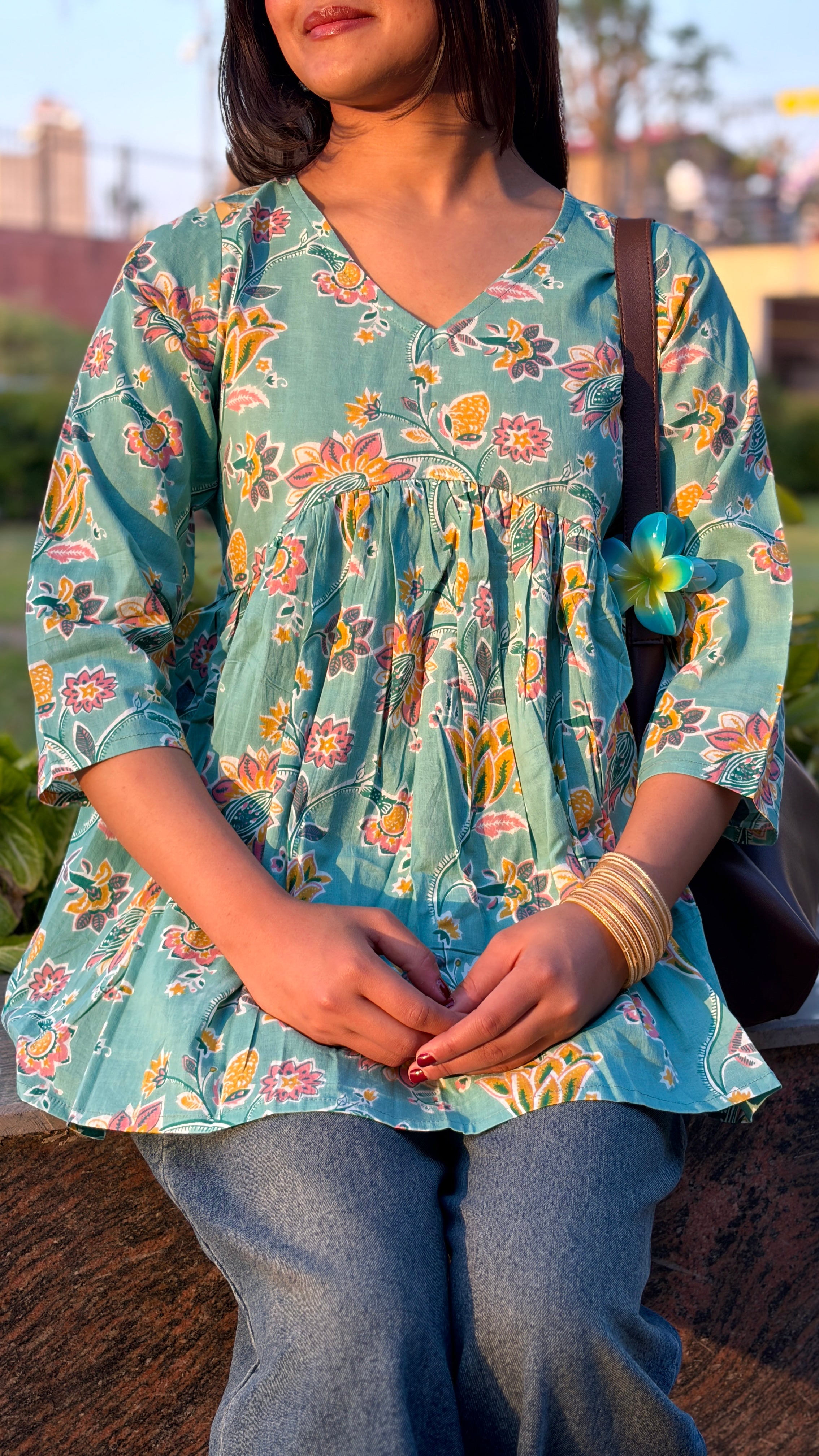 Teal Floral Cotton Peplum Top