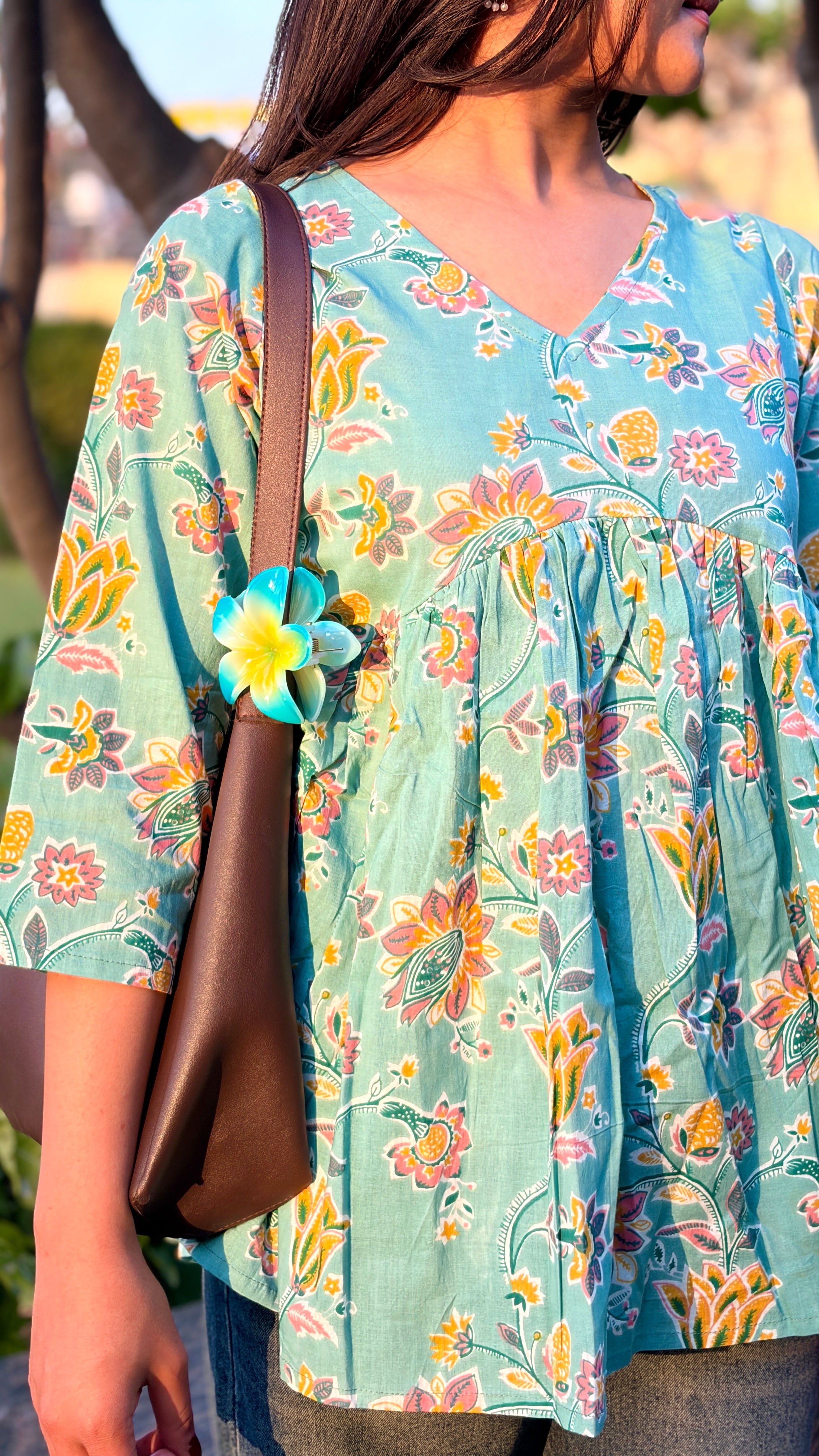 Teal Floral Cotton Peplum Top