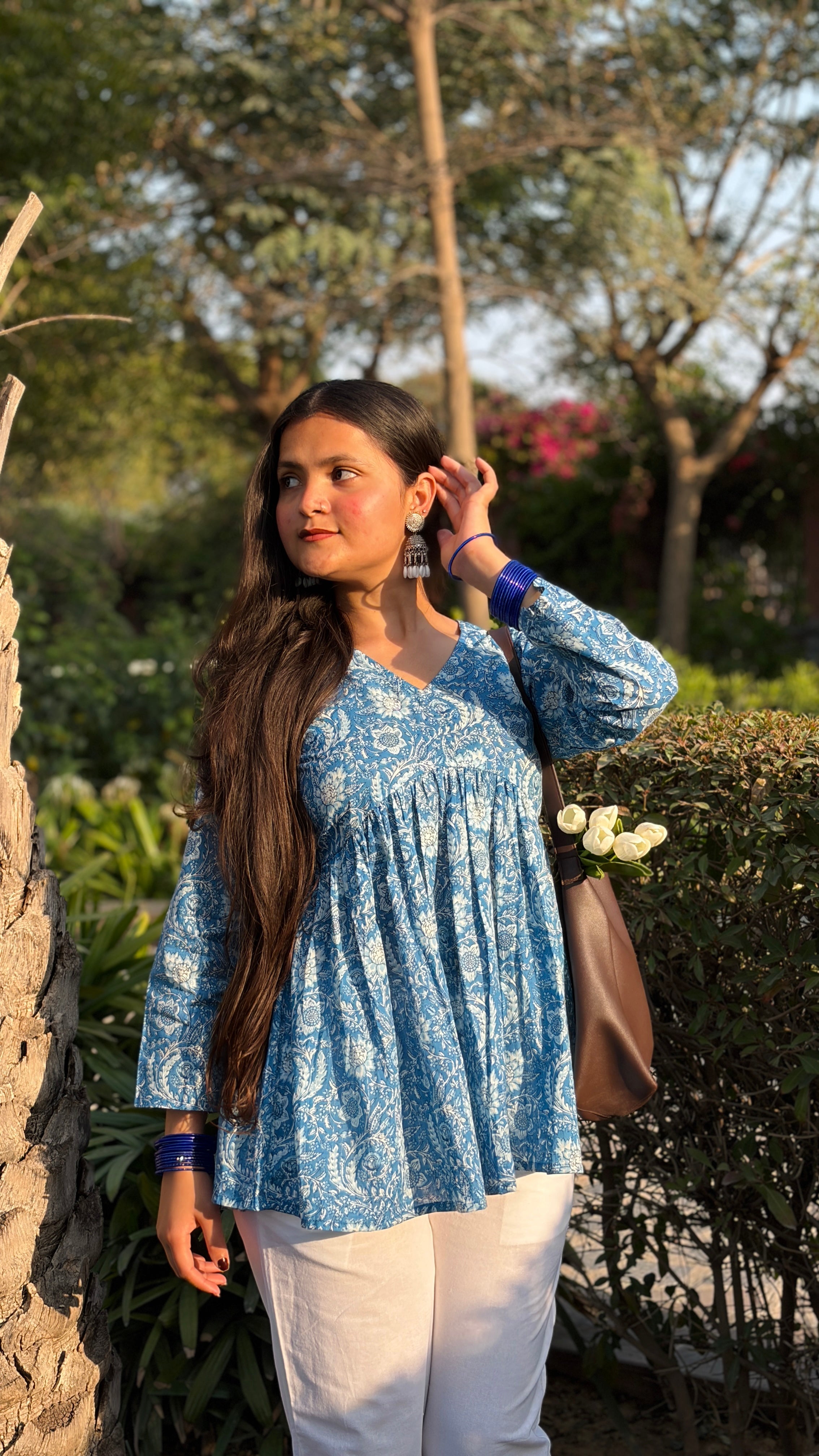 Blue Floral Cotton Peplum Top