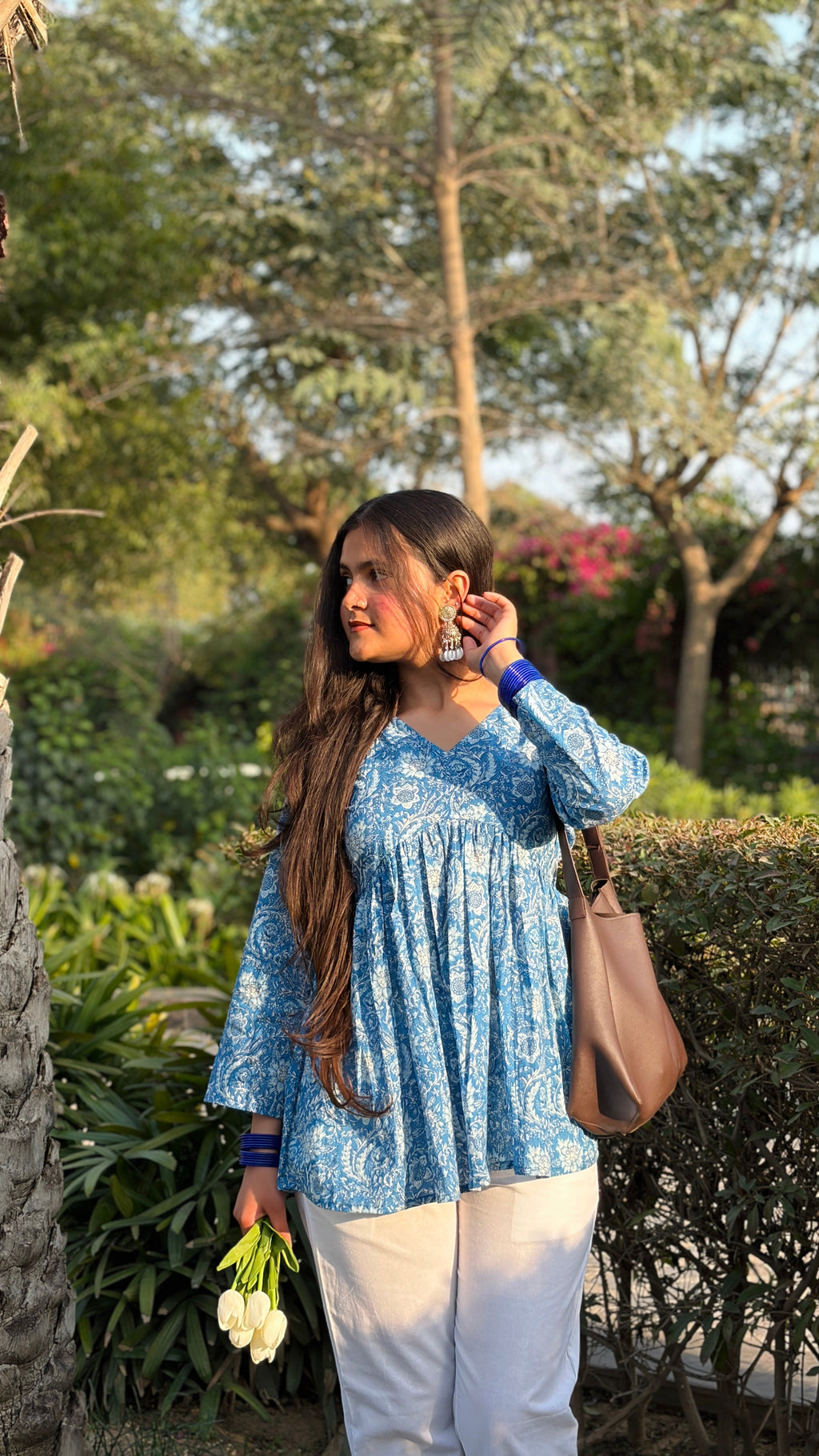 Blue Floral Cotton Peplum Top