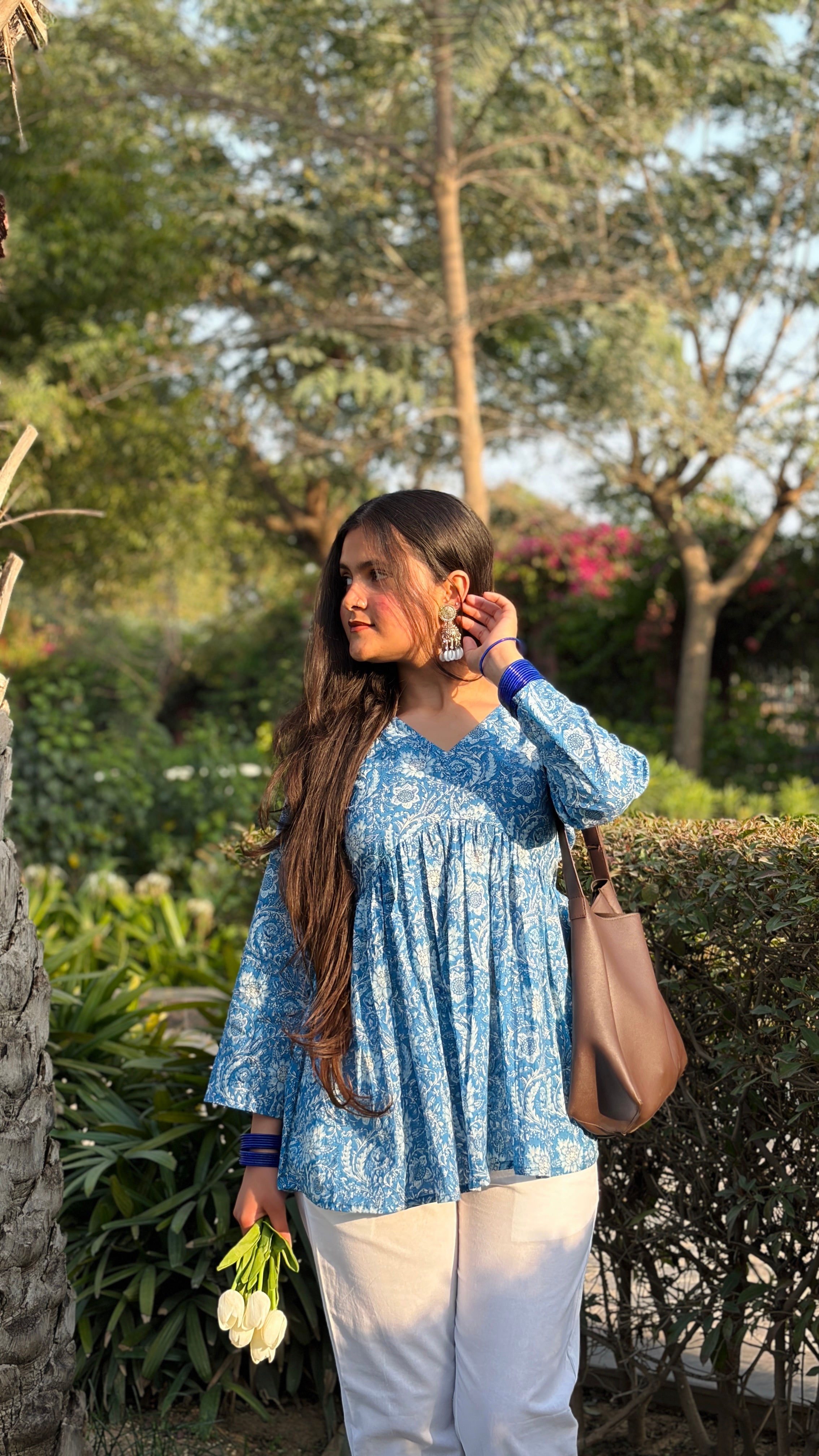 Blue Floral Cotton Peplum Top