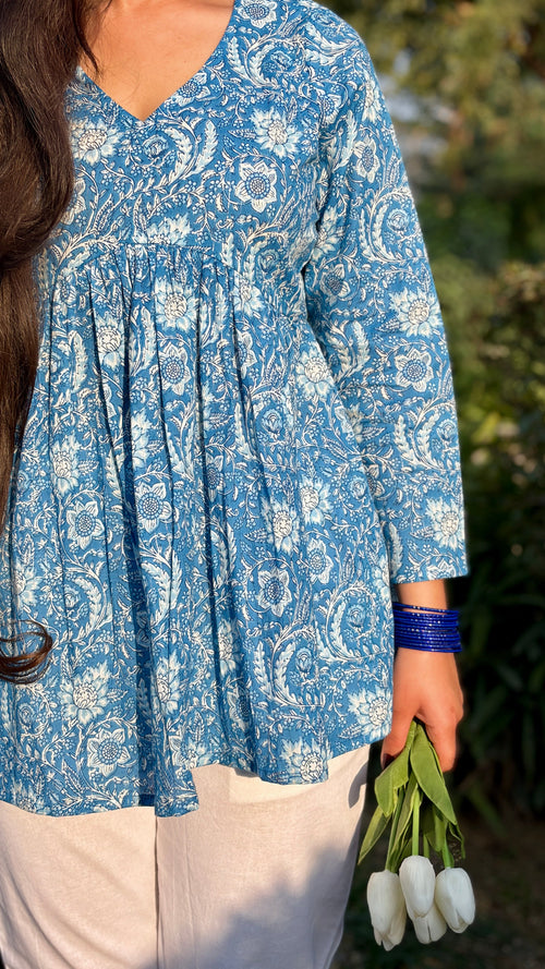 Blue Floral Cotton Peplum Top