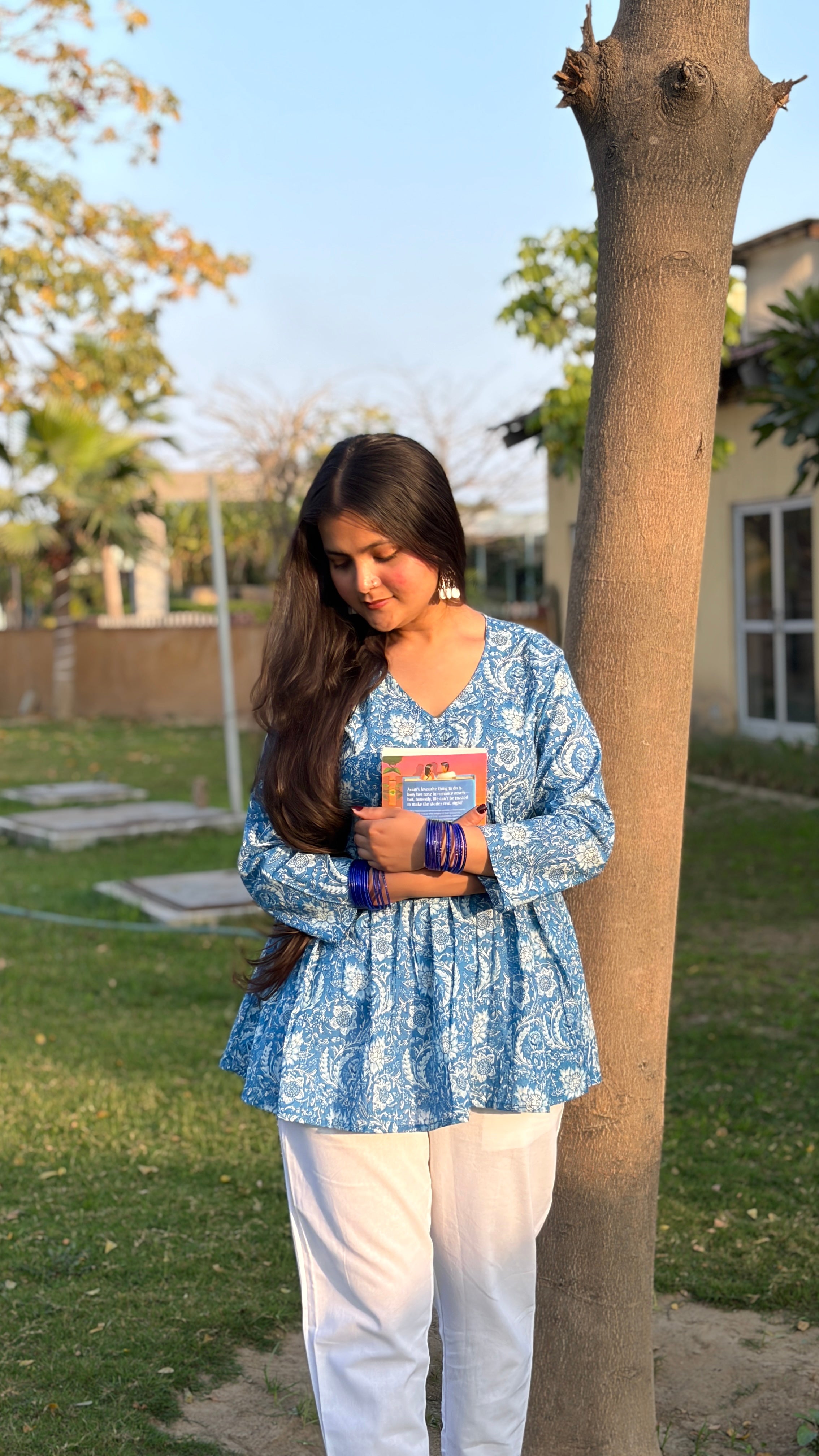 Blue Floral Cotton Peplum Top