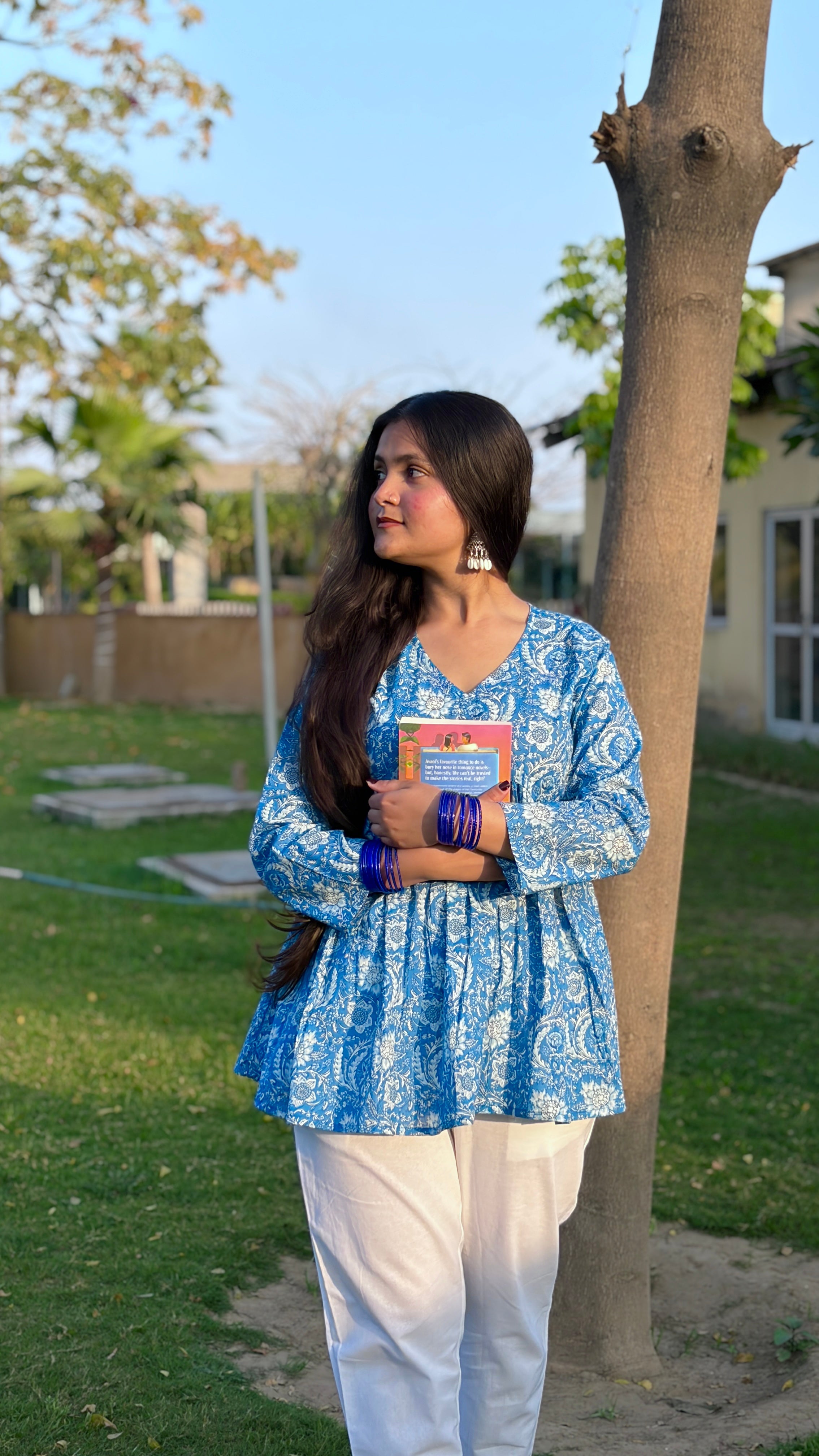 Blue Floral Cotton Peplum Top