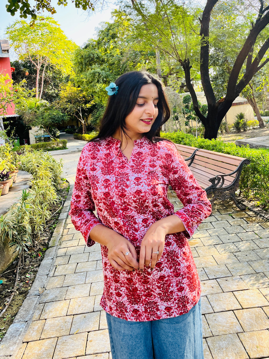 Crimson Bloom Handcrafted Cotton Top