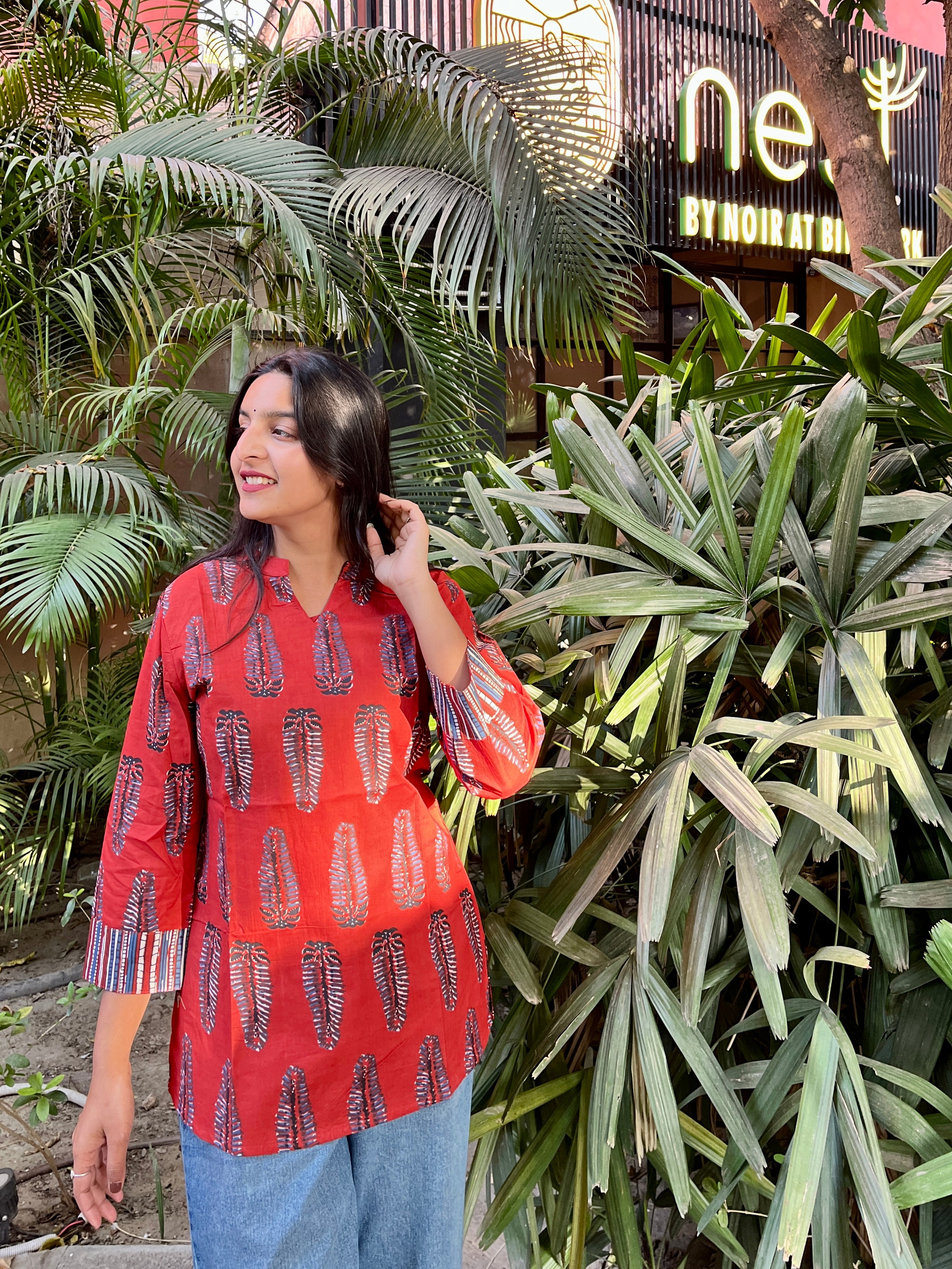 Red Printed Cotton Kurta Top