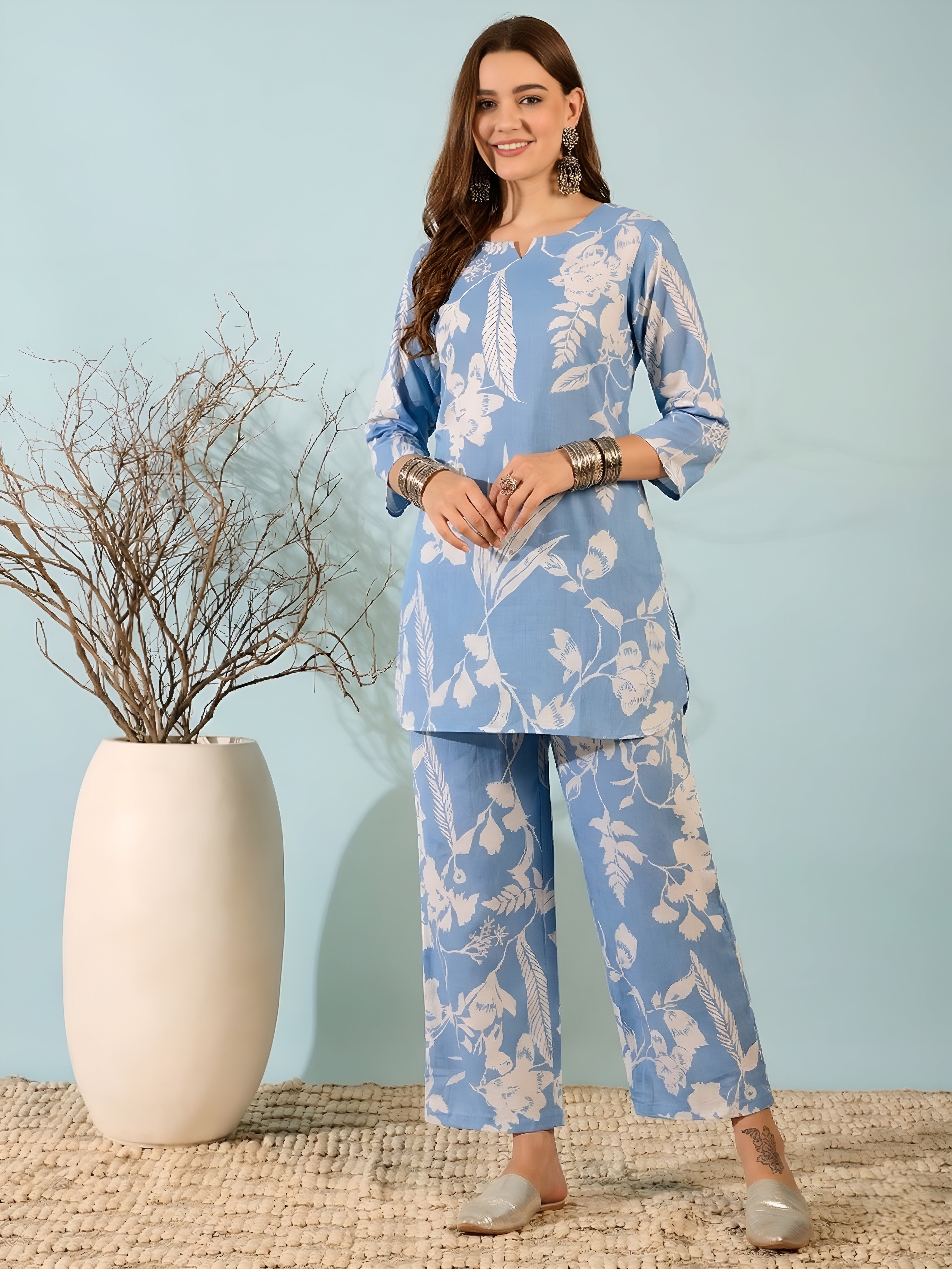 Blue Floral Printed Kurta & Pant Co-ord Set for Women