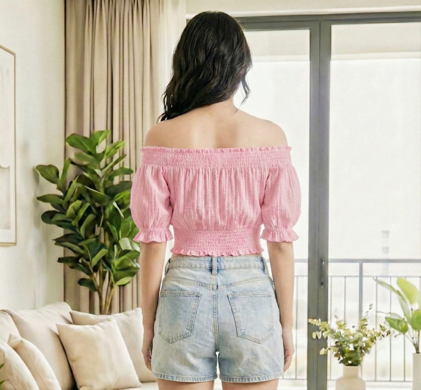 Pink Off-Shoulder Smocked Crop Top