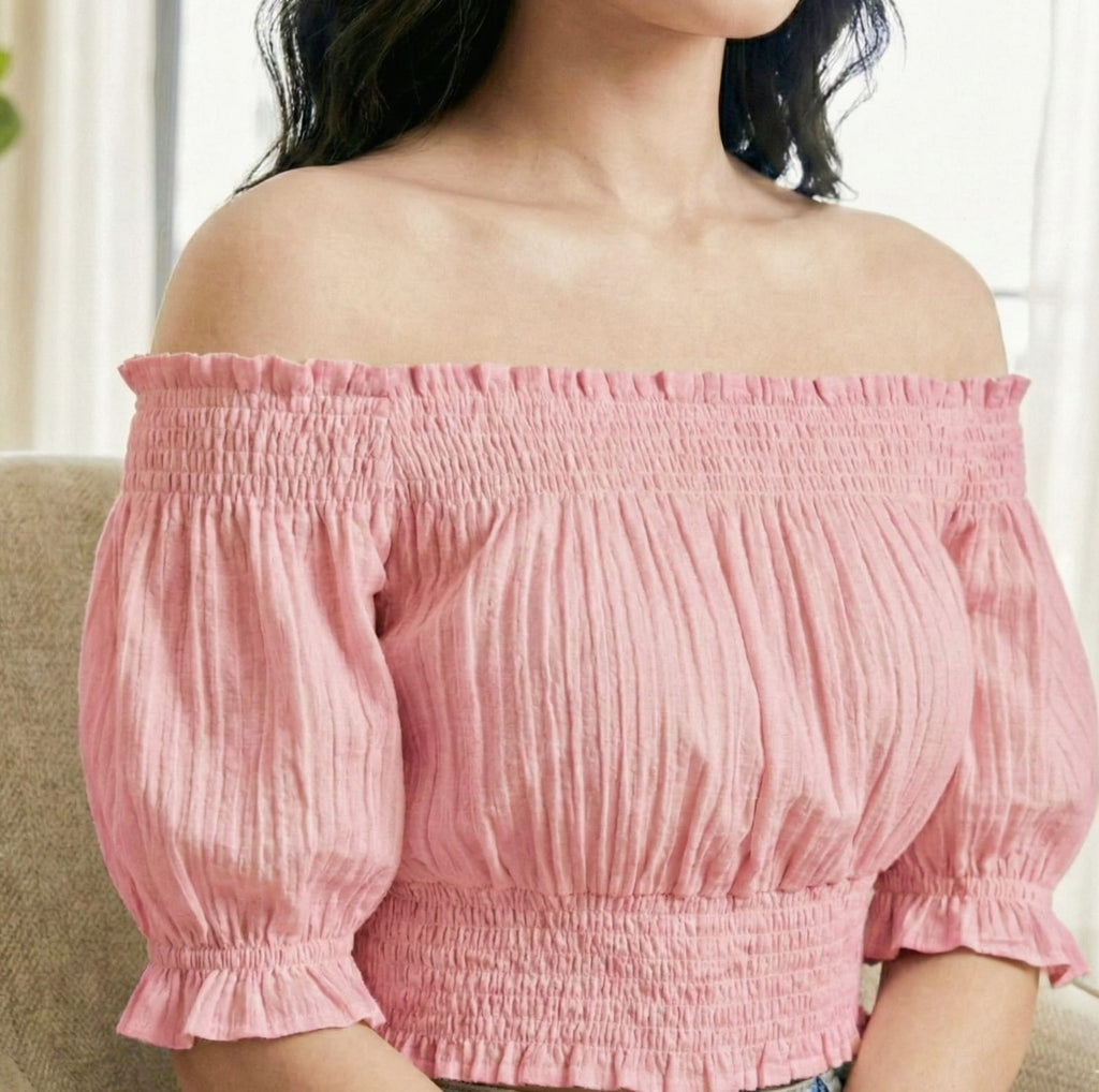 Pink Off-Shoulder Smocked Crop Top
