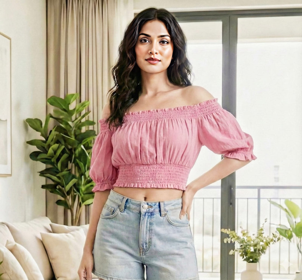 Pink Off-Shoulder Smocked Crop Top