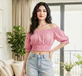 Pink Off-Shoulder Smocked Crop Top