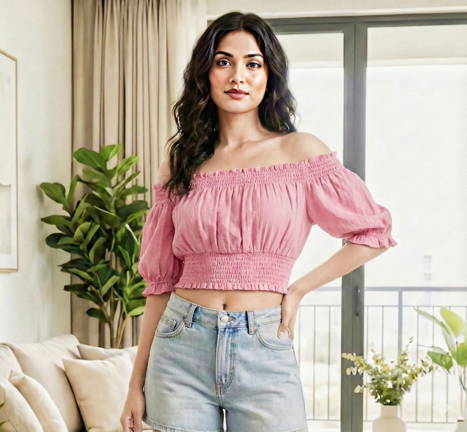 Pink Off-Shoulder Smocked Crop Top