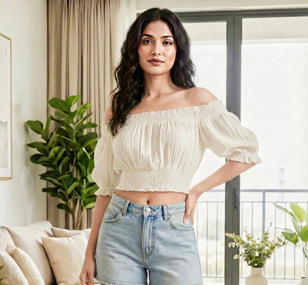 Cream Off-Shoulder Smocked Crop Top