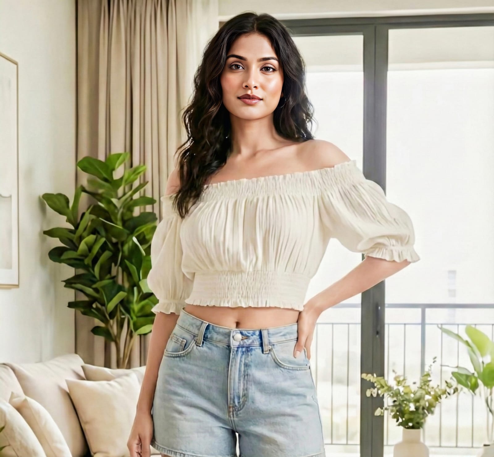 Cream Off-Shoulder Smocked Crop Top